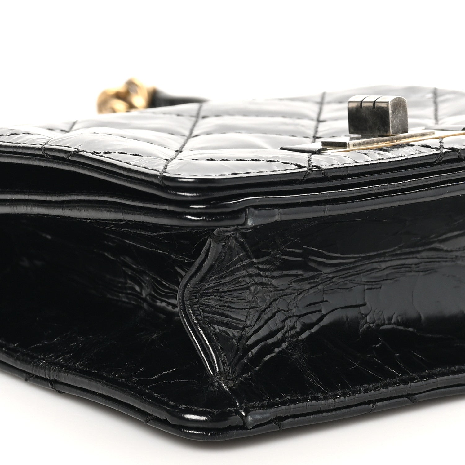 Glazed Crumpled Calfskin Quilted Mini Rita Top Handle Flap Black