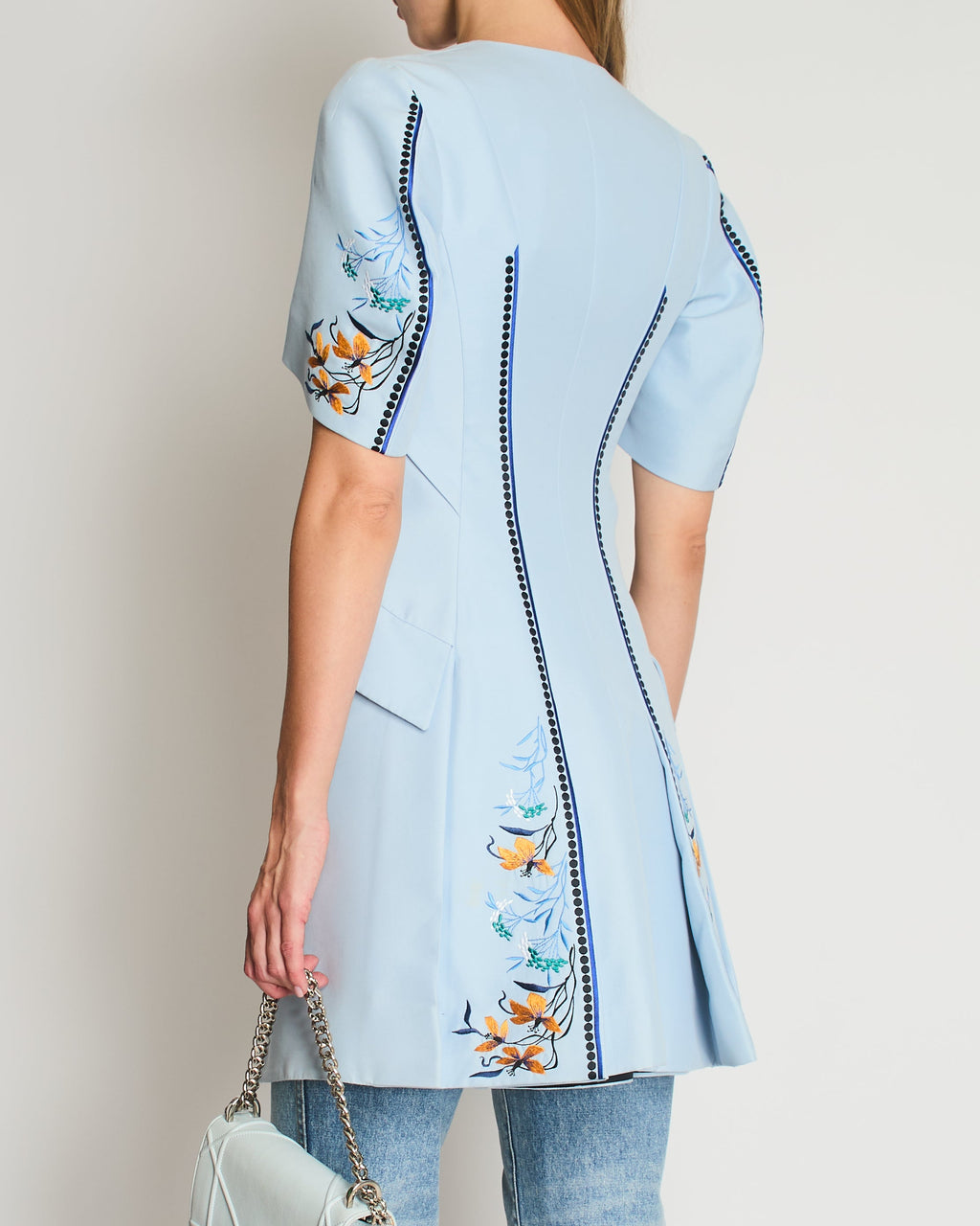 Christian Dior Sky Blue Asymmetrical Long Jacket with Multicolour Buttons and Flower Embroidery Details Size FR 36 (UK 8)
