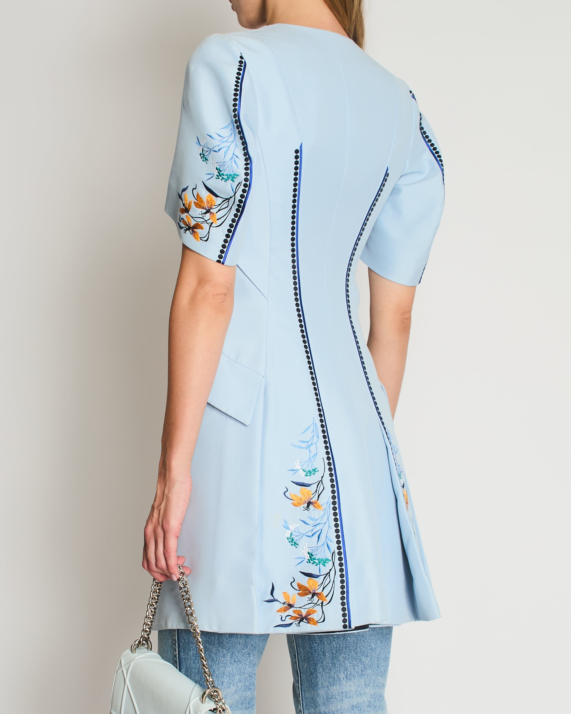 Christian Dior Sky Blue Asymmetrical Long Jacket with Multicolour Buttons and Flower Embroidery Details Size FR 36 (UK 8)
