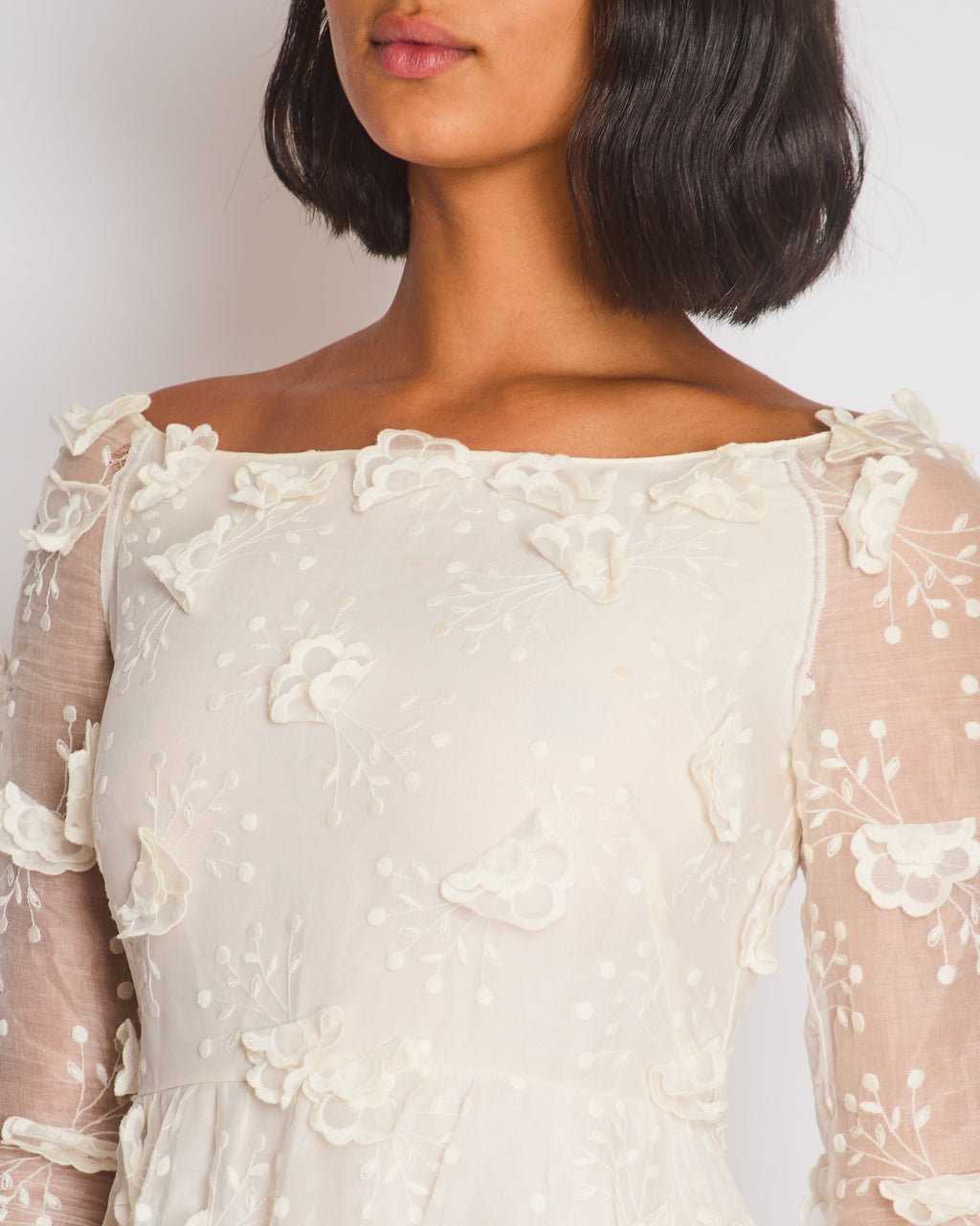 Christian Dior White Long Sleeve Maxi Dress with Floral Appliqué Detail Size FR 36 (UK 8)