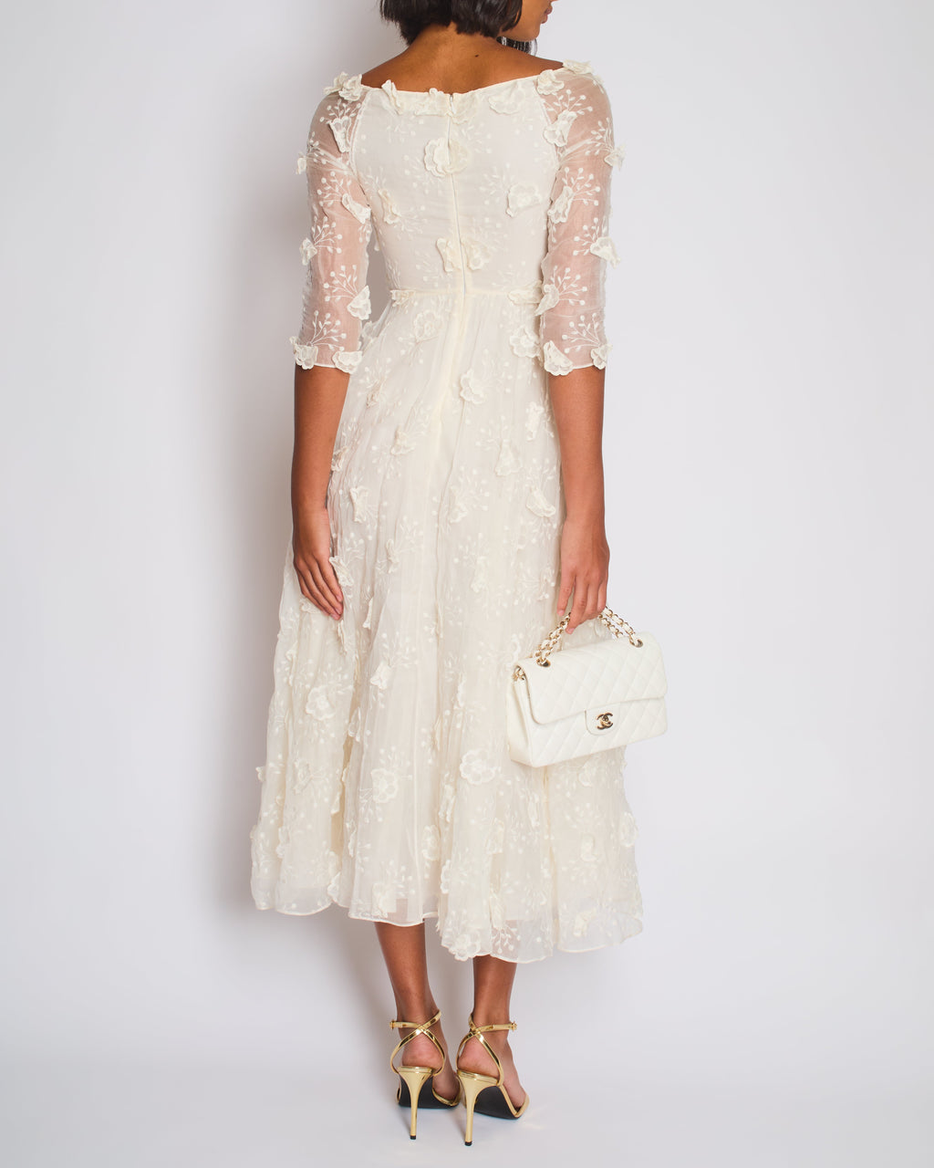 Christian Dior White Long Sleeve Maxi Dress with Floral Appliqué Detail Size FR 36 (UK 8)