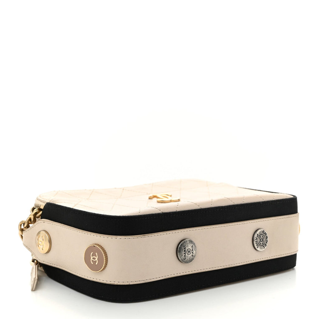Calfskin Grosgrain Stitched Button Up Camera Case Light Grey