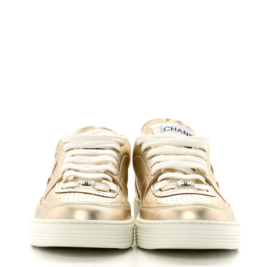 Laminated Calfskin CC Womens Sneakers 36.5 Golden