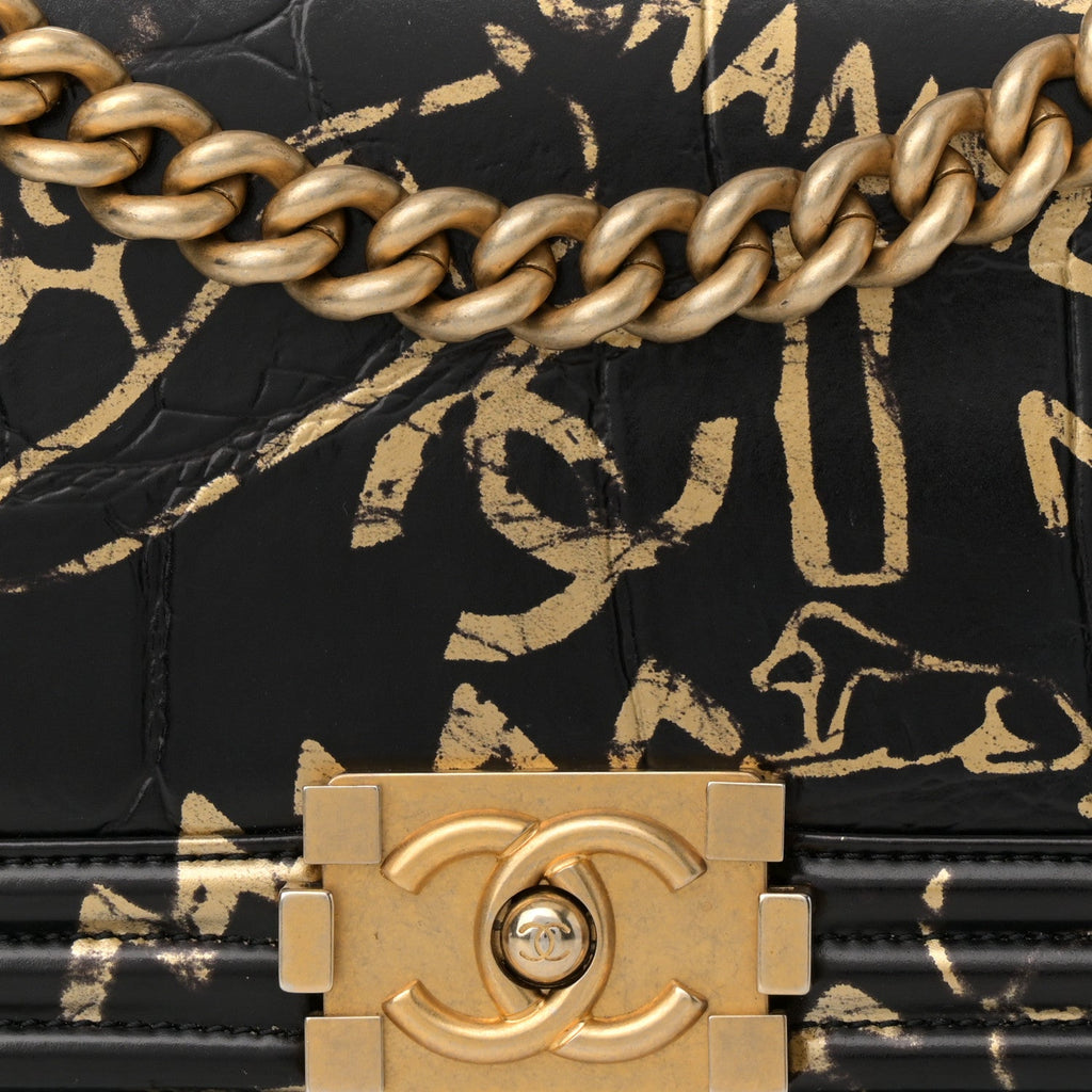 Calfskin Crocodile Embossed Graffiti Cocodile Medium Boy Flap Black Gold