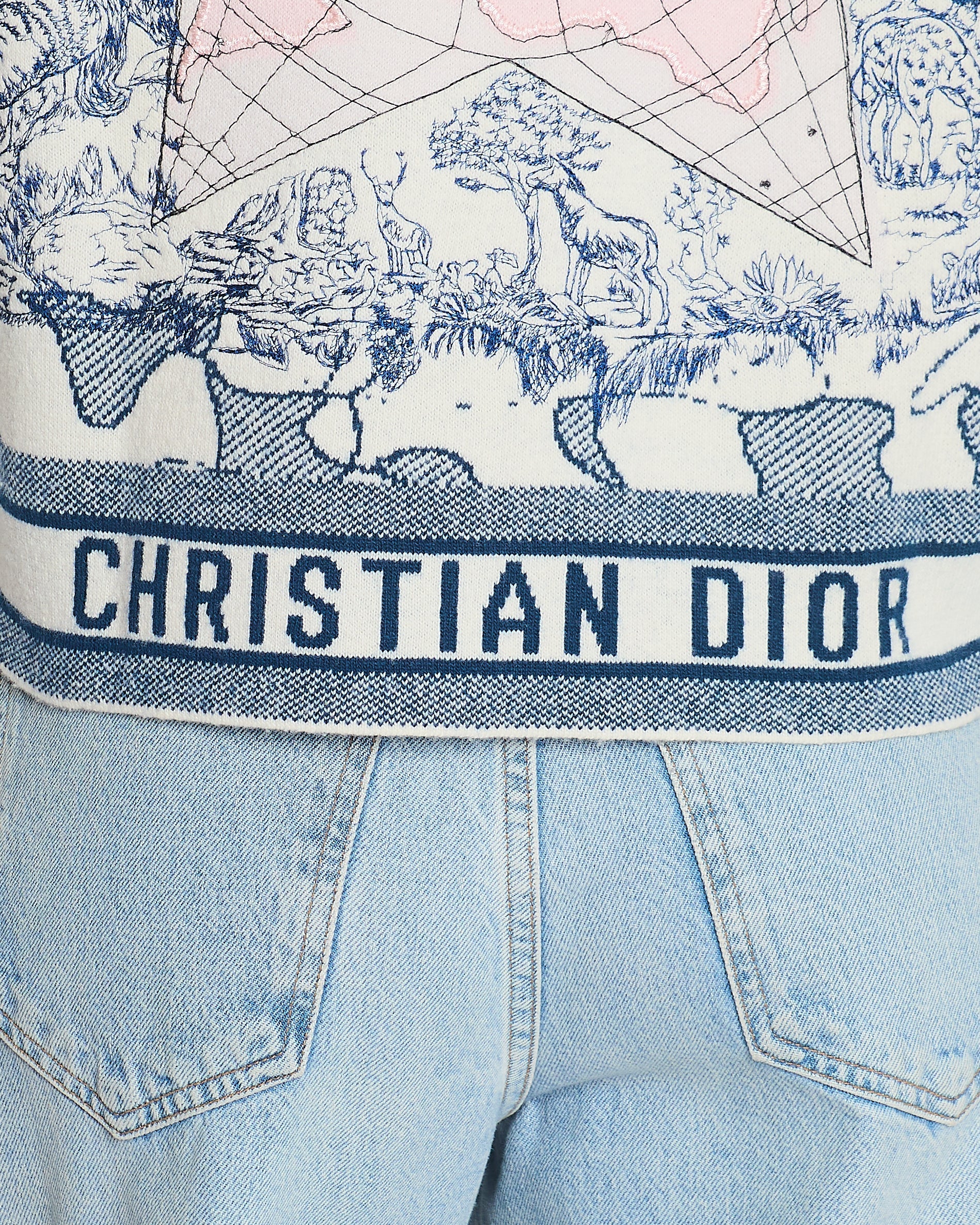 Christian Dior Blue and White Around the World Cashmere Jumper with Embroidery and Logo Band Size FR 36 (UK 8)