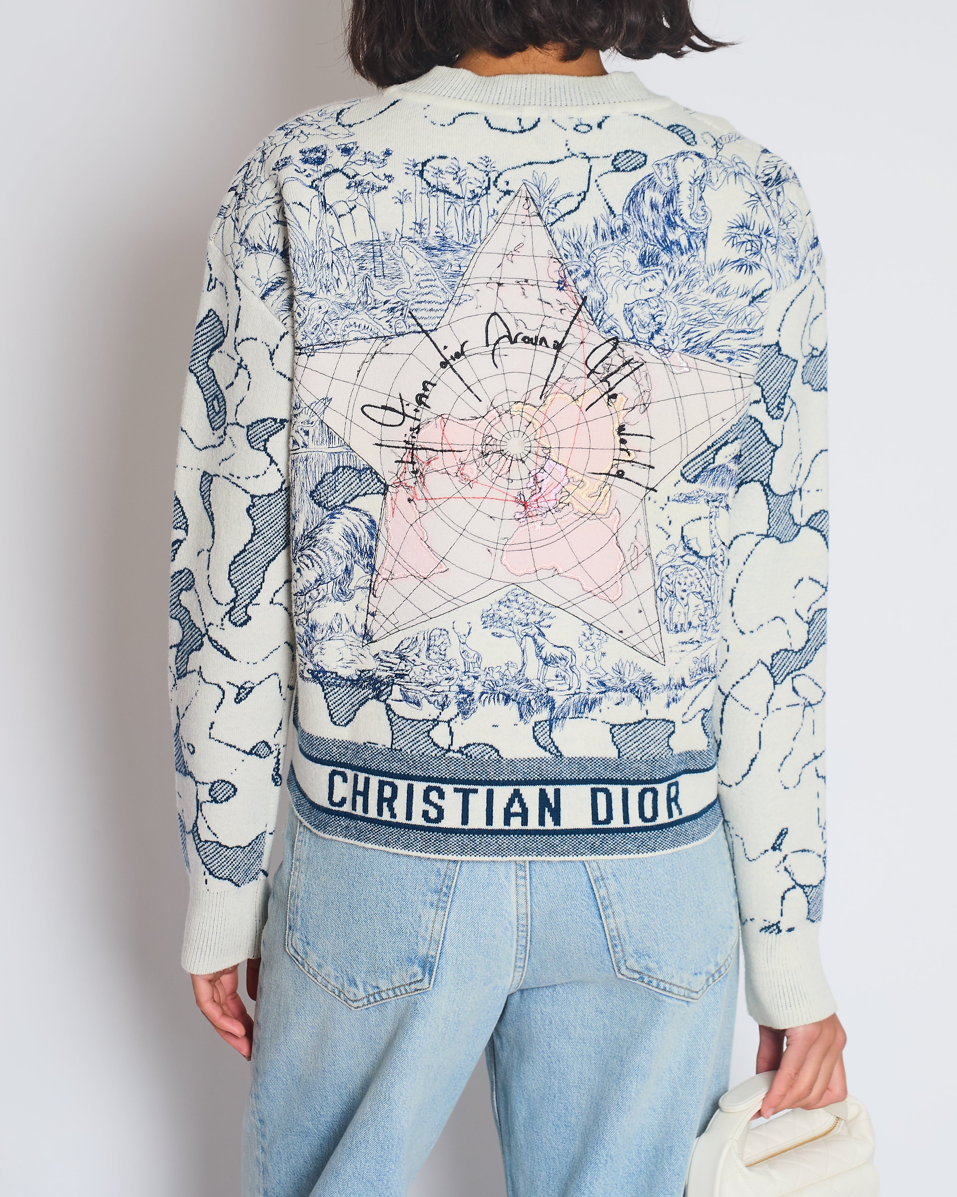 Christian Dior Blue and White Around the World Cashmere Jumper with Embroidery and Logo Band Size FR 36 (UK 8)