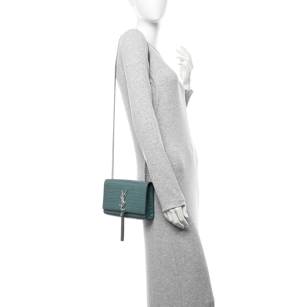 Calfskin Crocodile Embossed Small Classic Monogram Kate Tassel Satchel Water Green