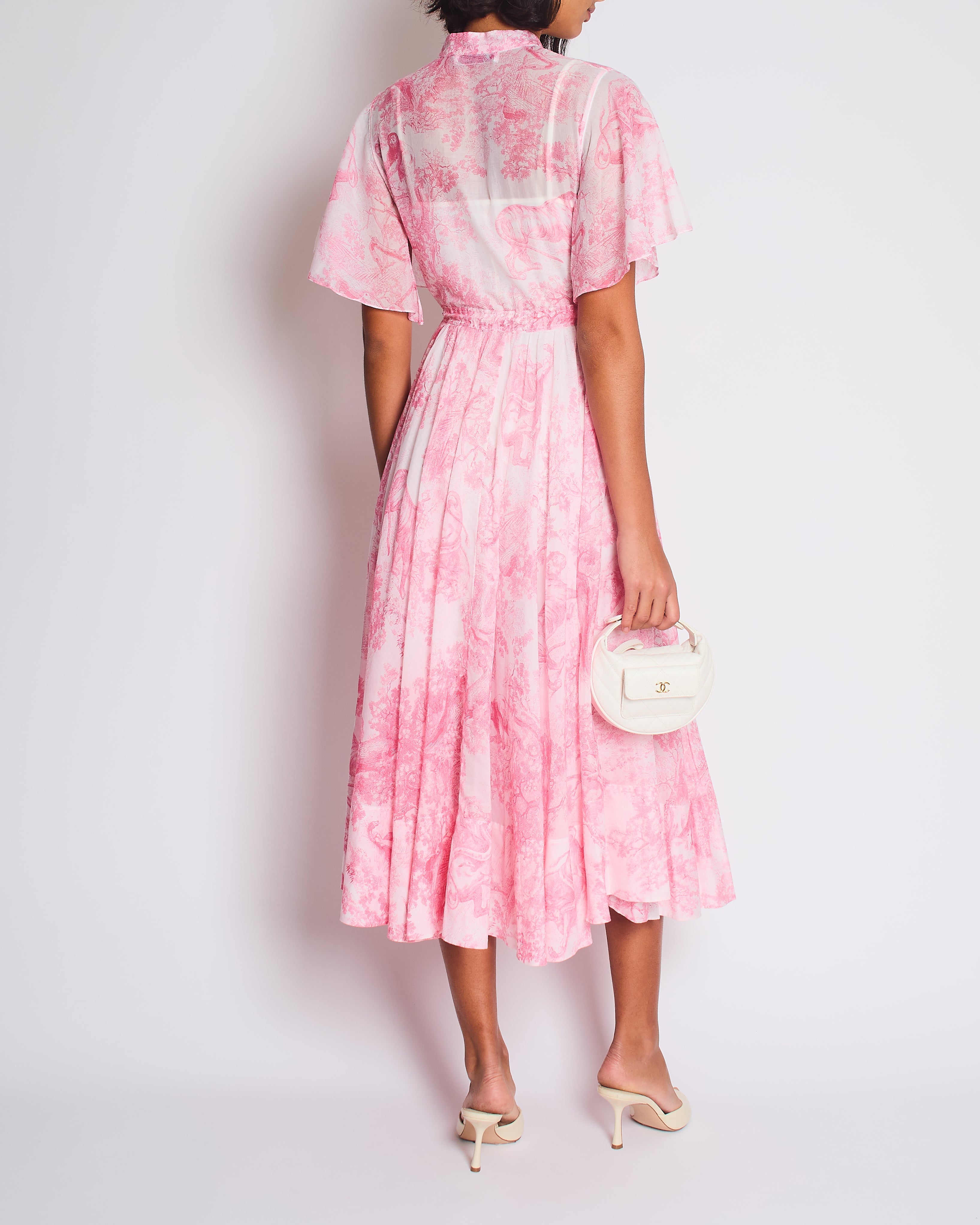 Christian Dior Light Pink, White Toile de Jouy Sauvage Cotton Printed Midi Dress Size FR 38 (UK 10)