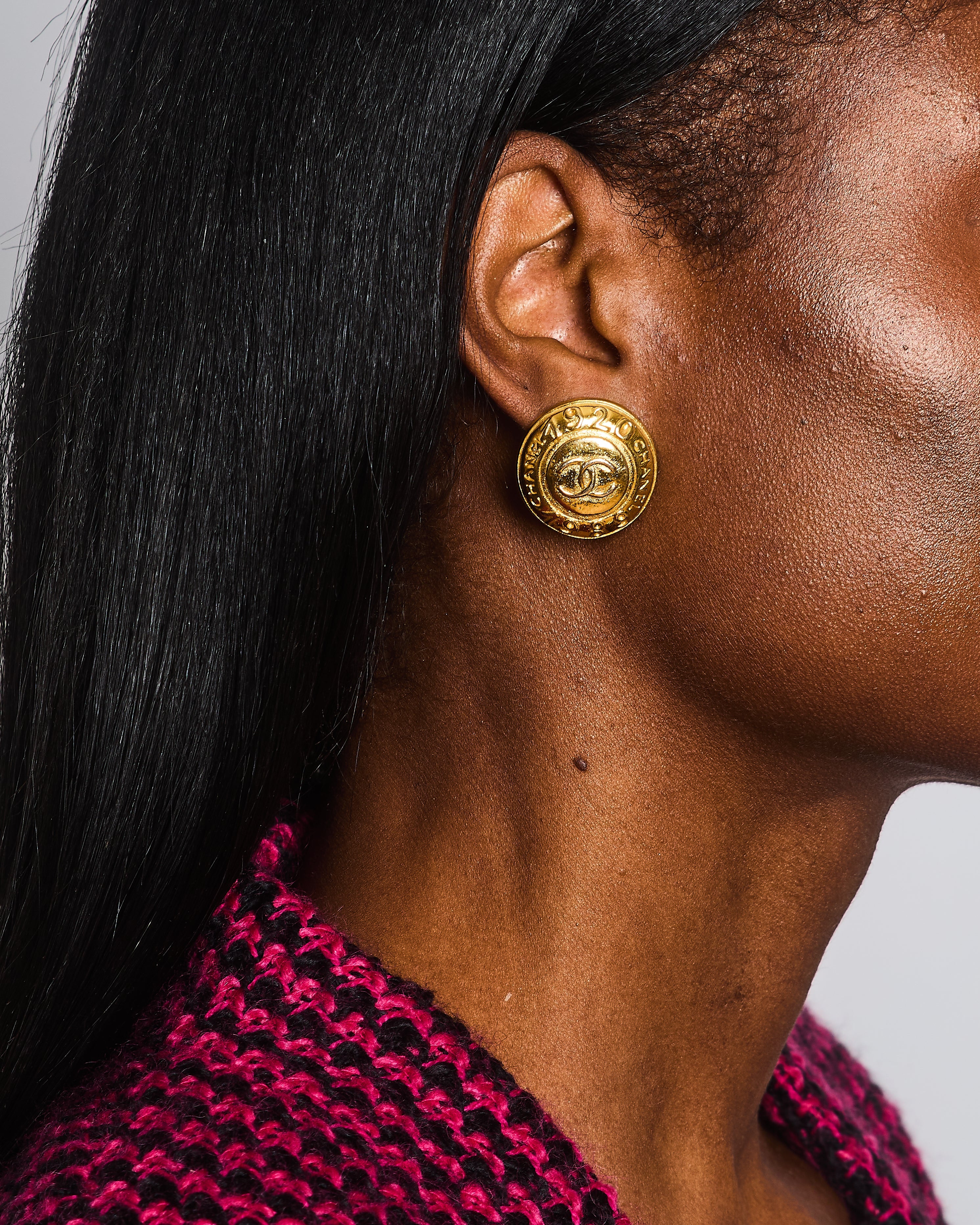 Chanel Vintage Gold Classic Round Clip-On Earrings with Gold CC Logo