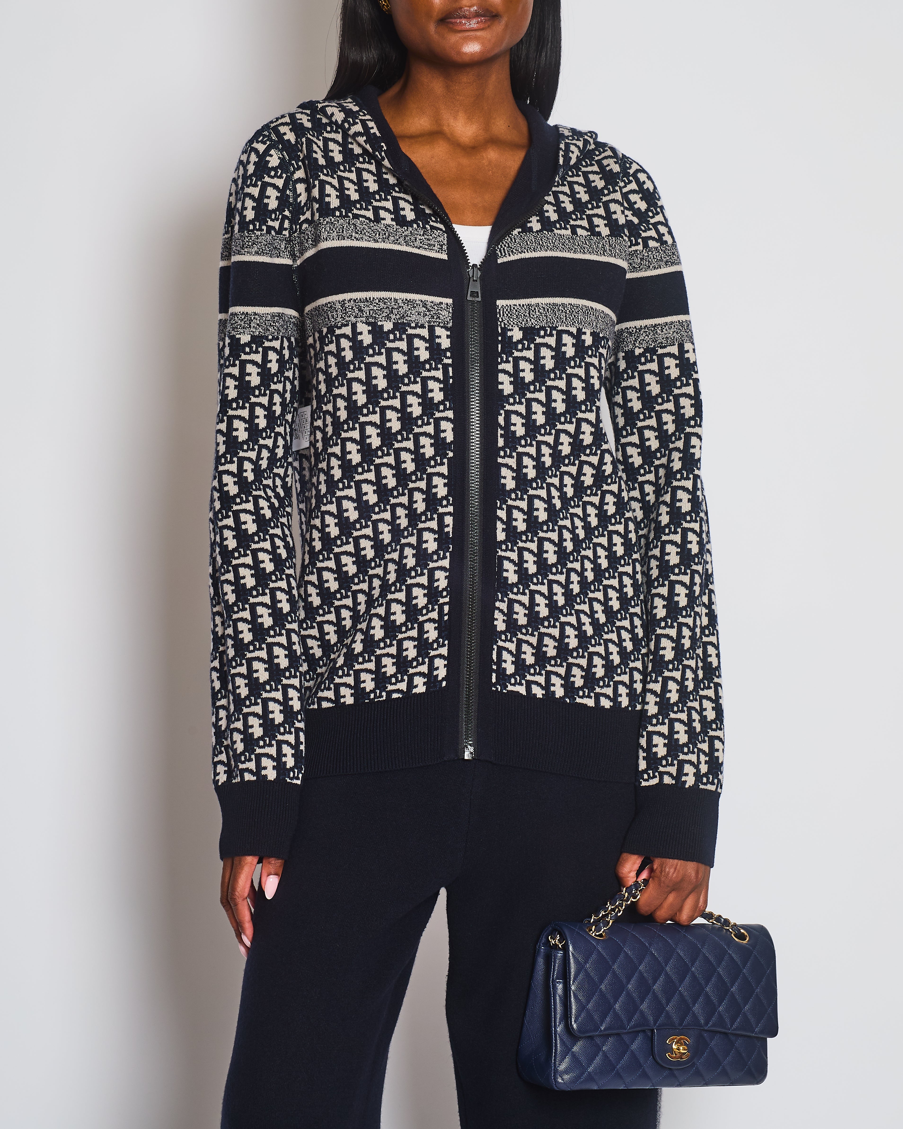 Christian Dior Navy Cashmere Reversible Monogram Zip-Up Jumper FR 42 (UK 14)