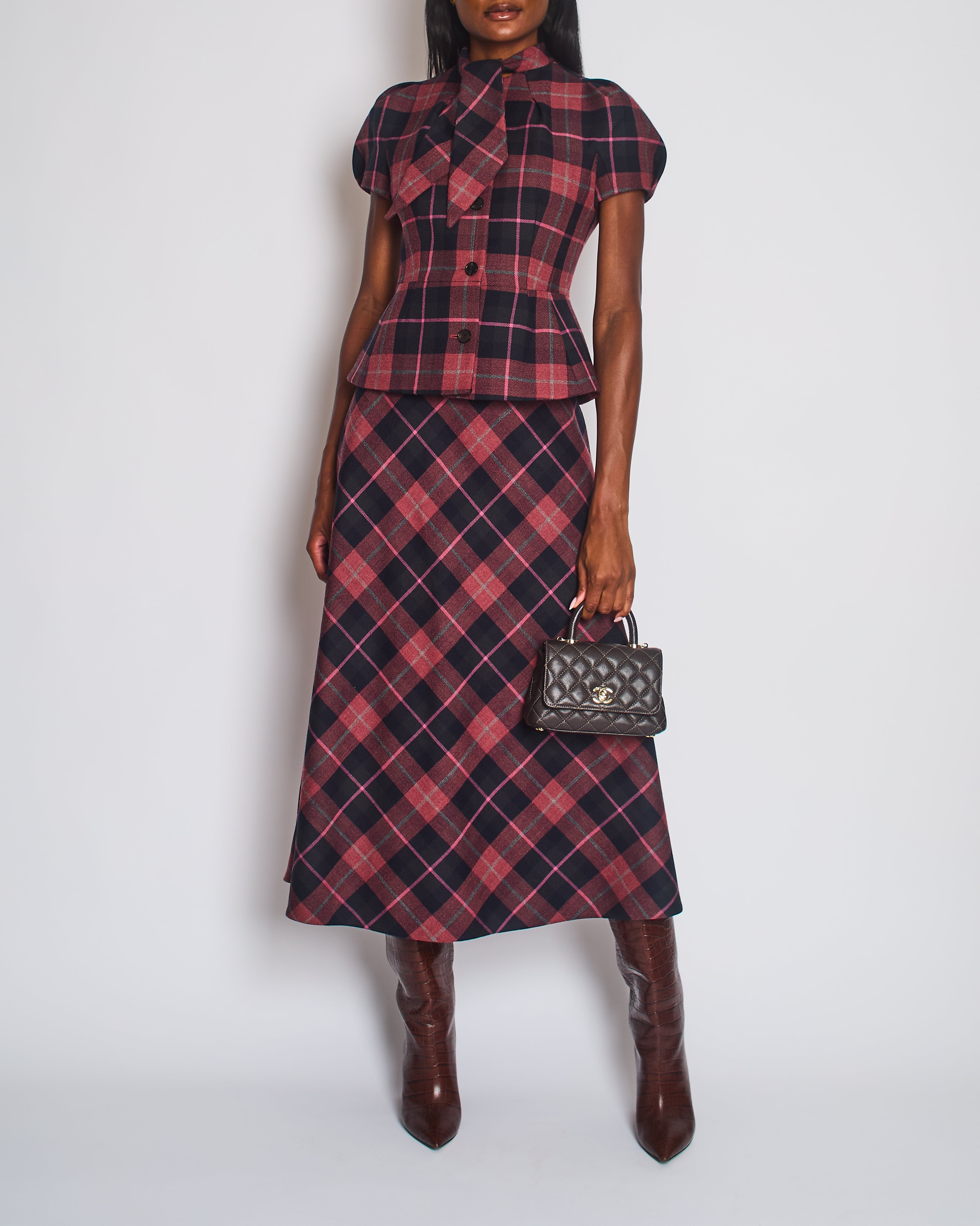 Christian Dior Red, Navy, Grey Check'n'Dior Flared Mid-Length Skirt FR 38 (UK 10)