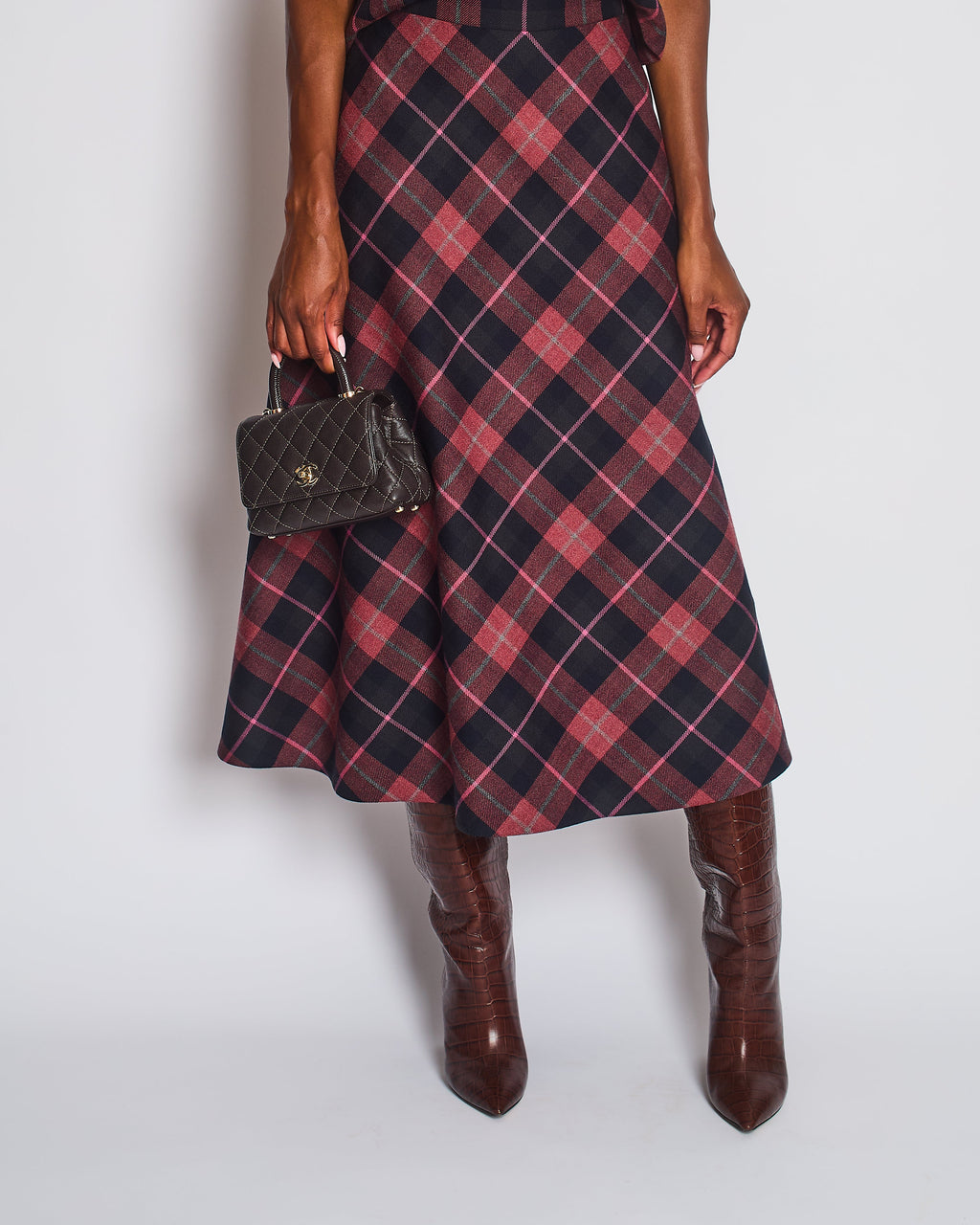 Christian Dior Red, Navy, Grey Check'n'Dior Flared Mid-Length Skirt FR 38 (UK 10)