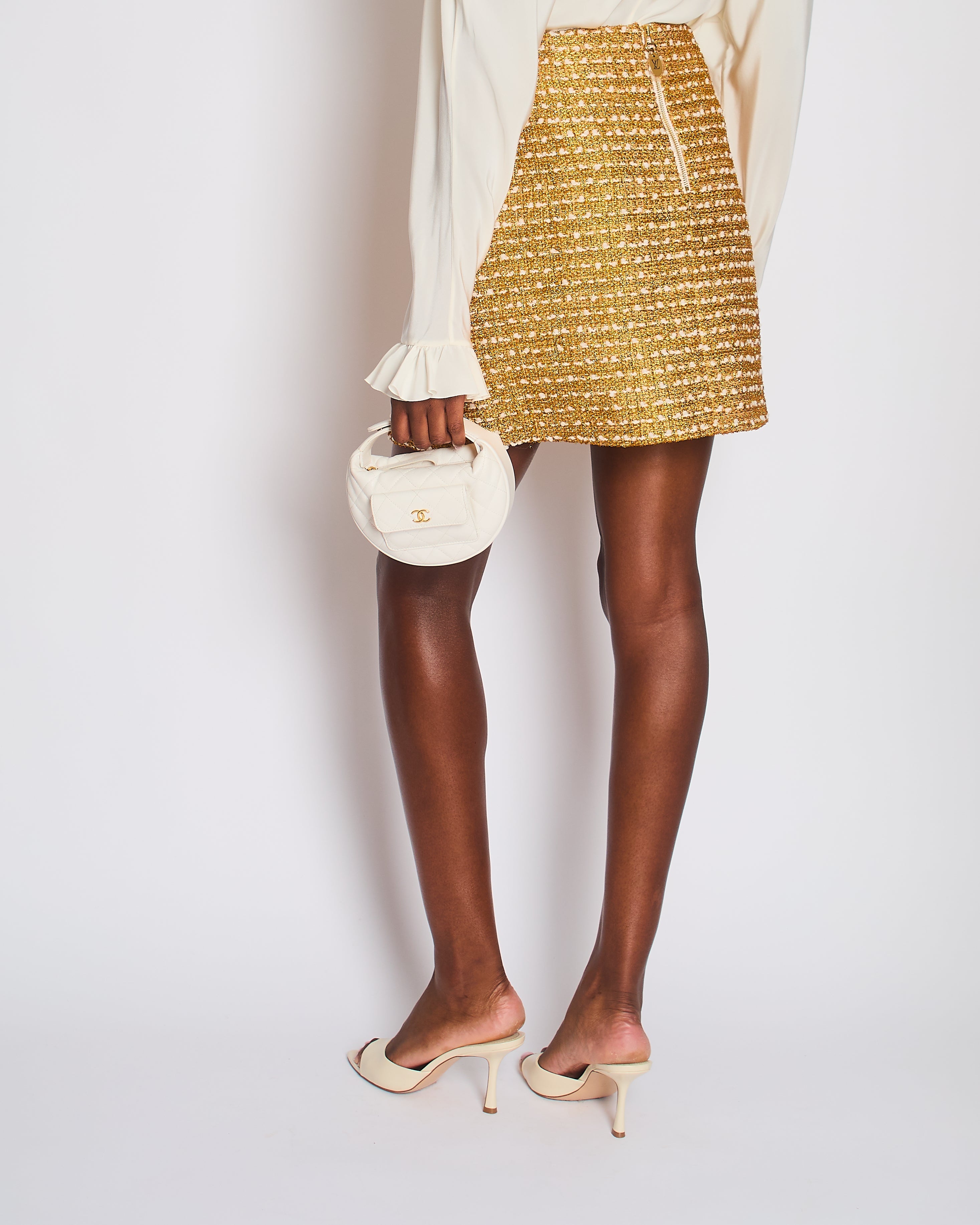 Louis Vuitton Gold Tweed Mini Skirt with Pocket Detail Size FR 40 (UK 12)