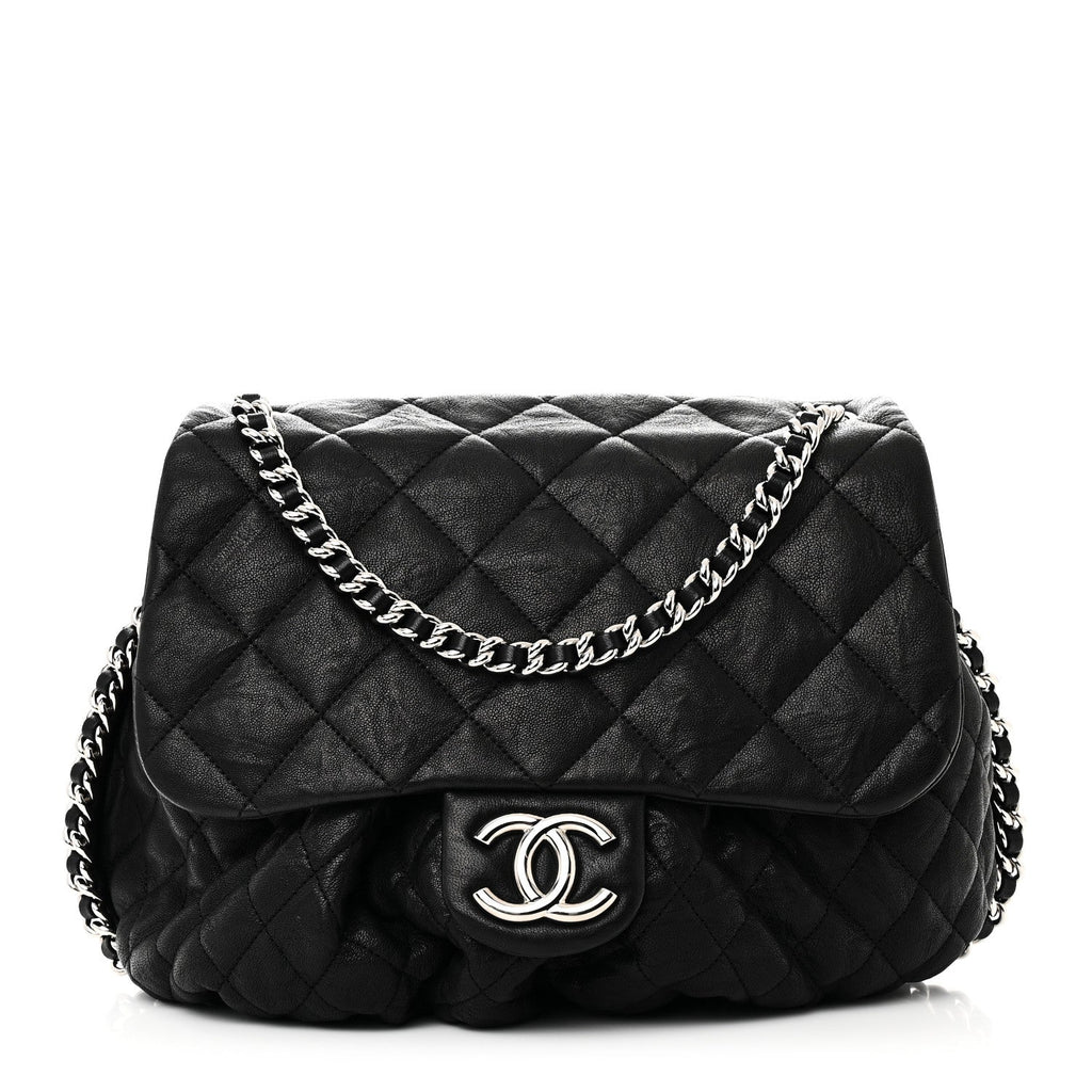Washed Lambskin Quilted Large Chain Around Messenger Black