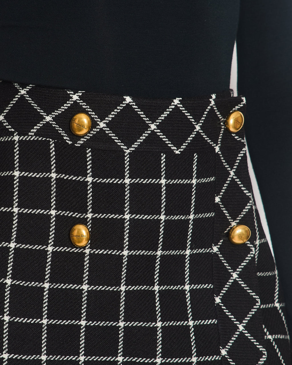 Christian Dior Black Checkered Mini Skirt with Logo Button Detail Size FR 40 (UK 12)