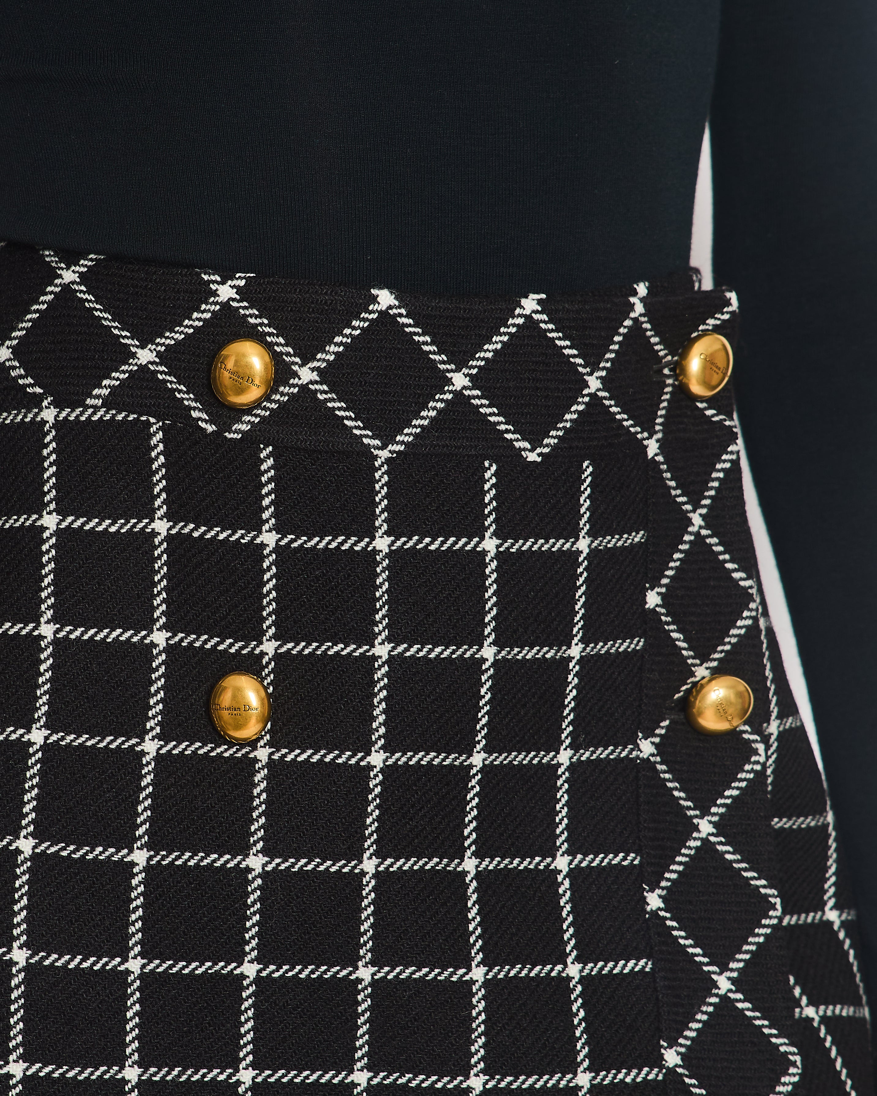 Christian Dior Black Checkered Mini Skirt with Logo Button Detail Size FR 40 (UK 12)