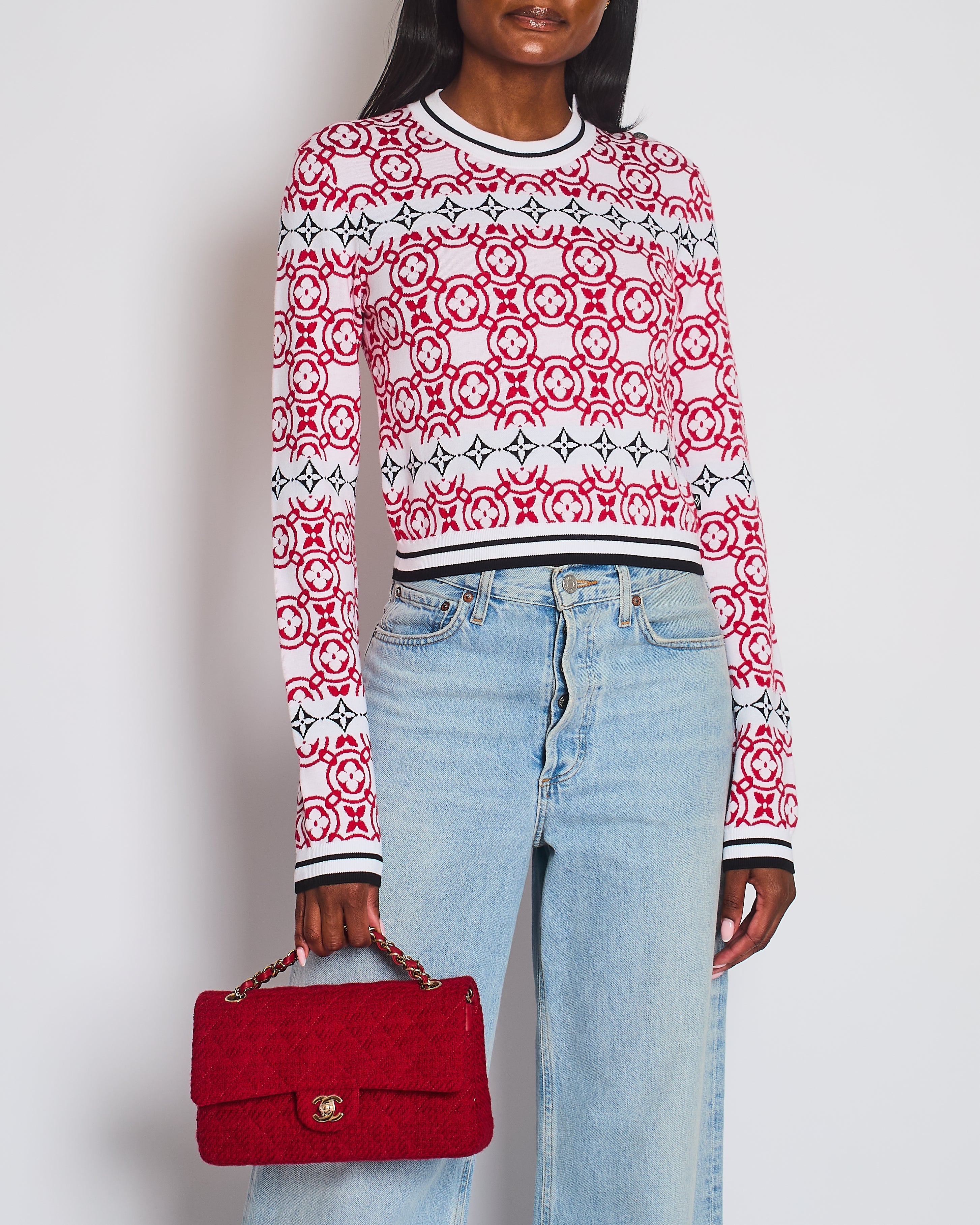 Louis Vuitton Red Monogram Cropped Jumper with Button Detail Size M (UK 10)