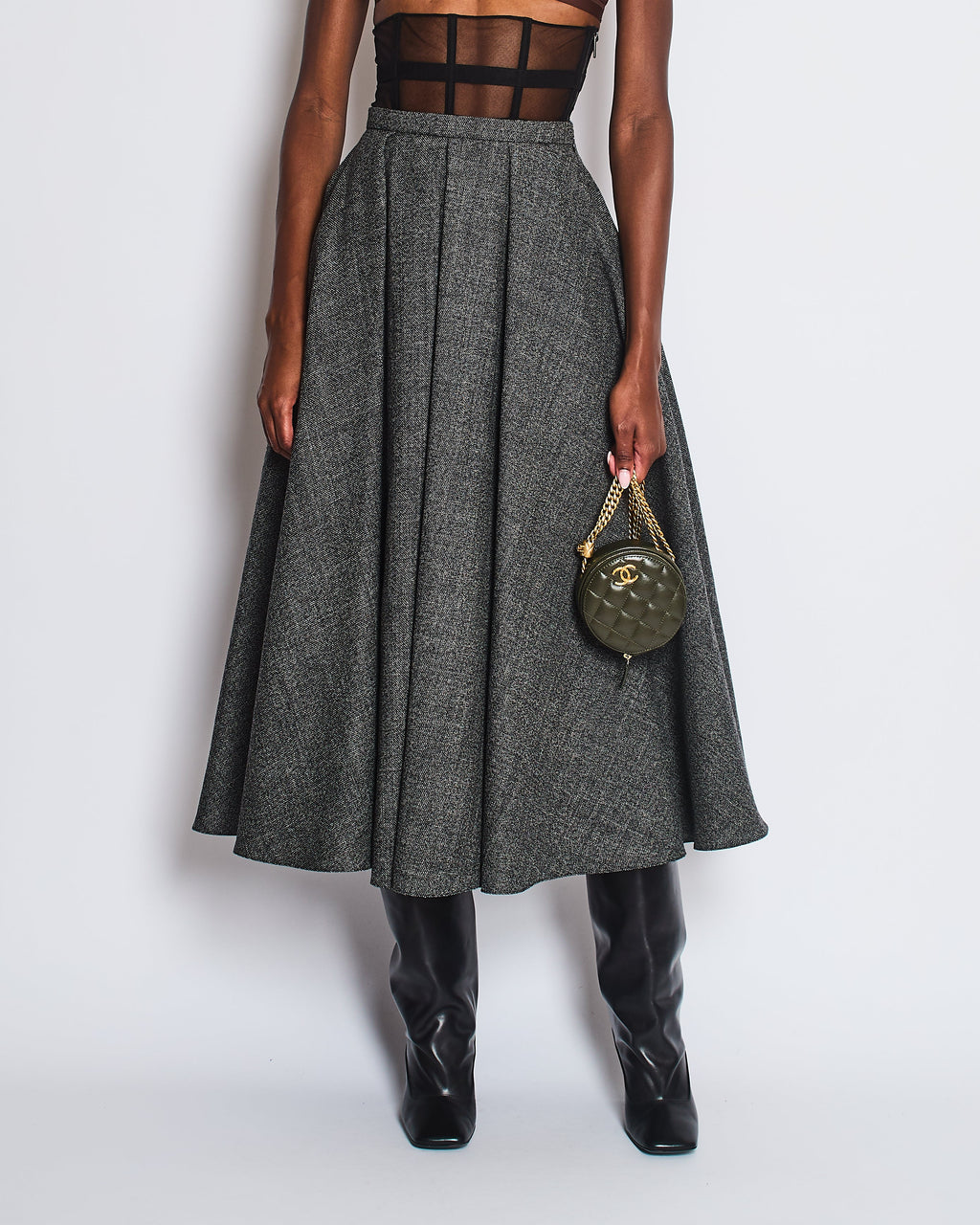 *RUNWAY* Christian Dior Grey Wool Skirt with Black Mesh Corseted Detail Size FR 36 (UK 8)