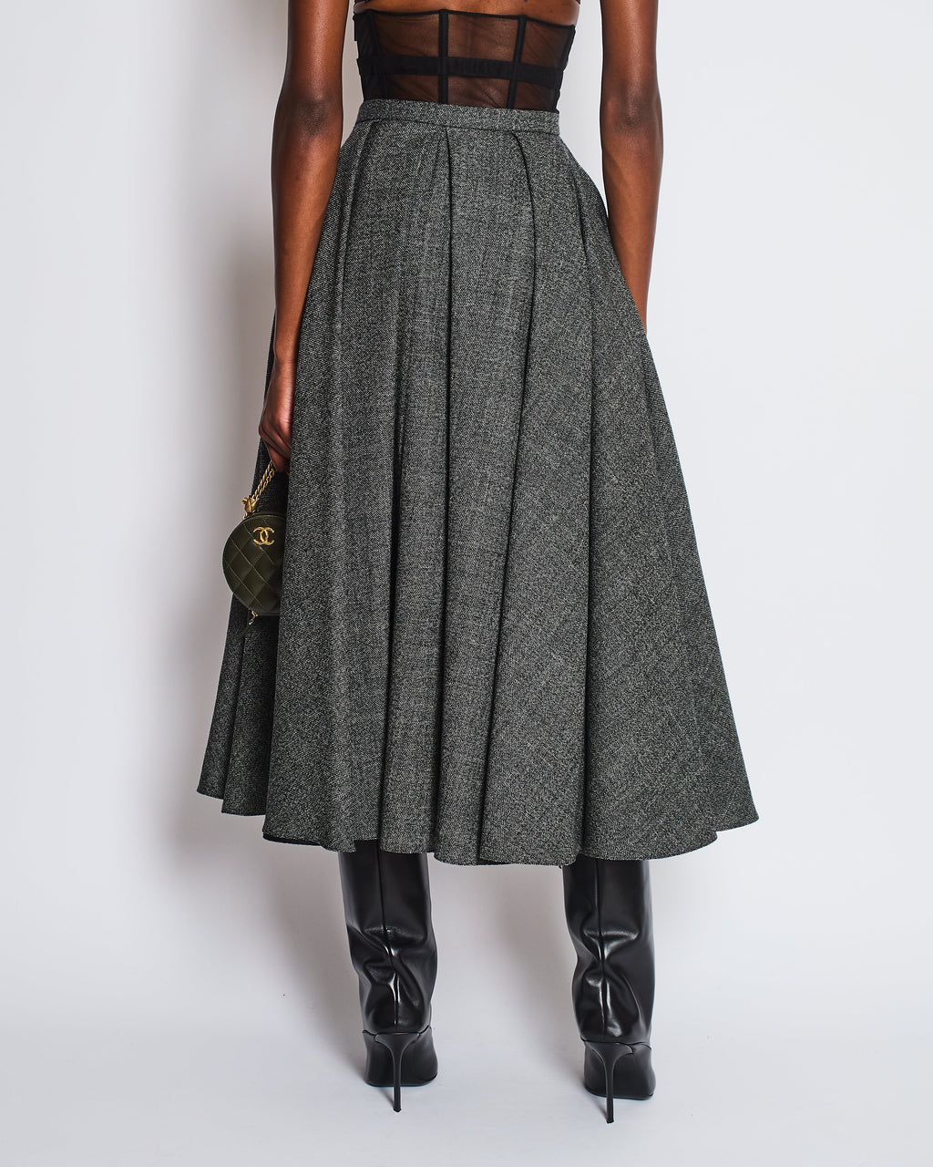 *RUNWAY* Christian Dior Grey Wool Skirt with Black Mesh Corseted Detail Size FR 36 (UK 8)