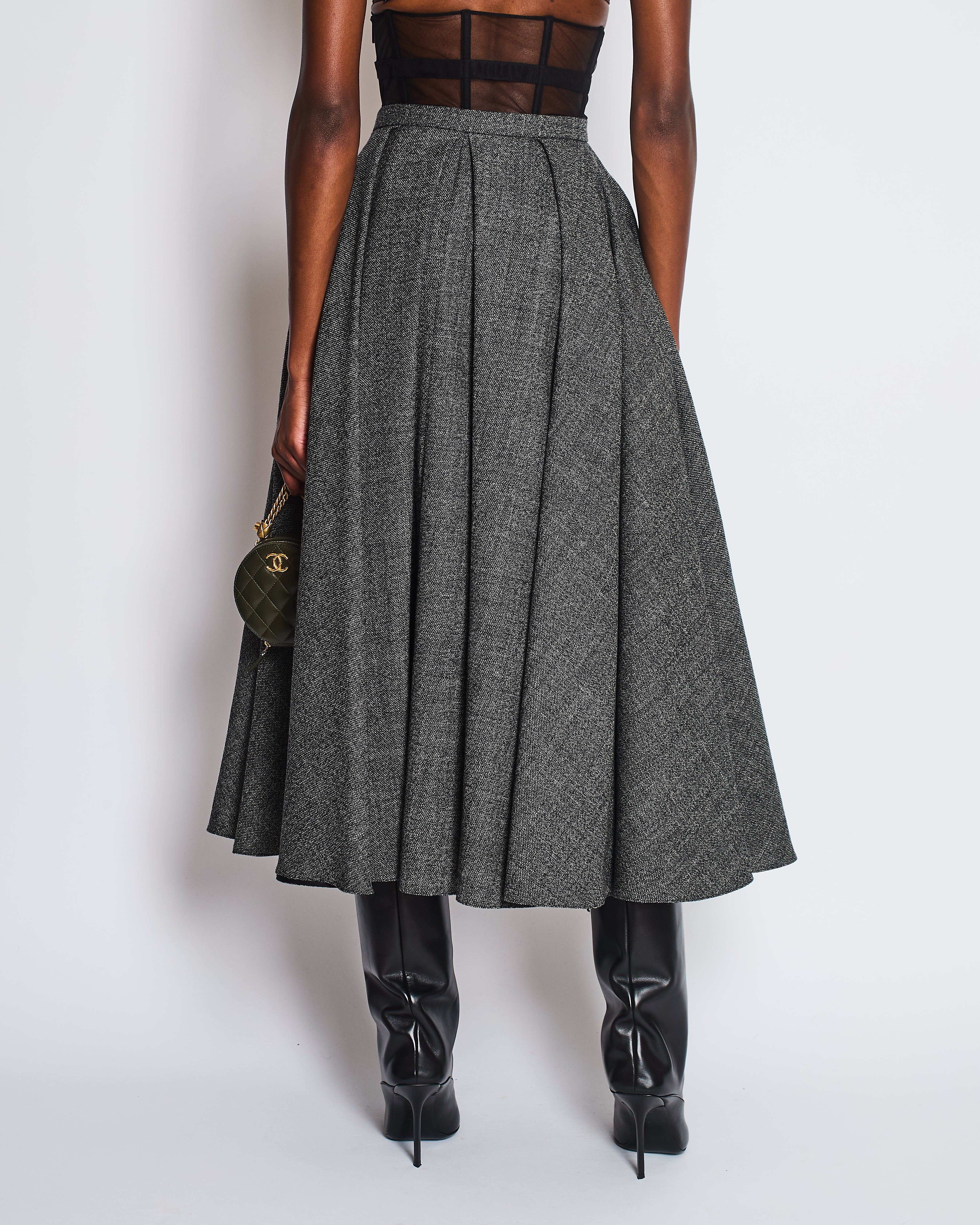 *RUNWAY* Christian Dior Grey Wool Skirt with Black Mesh Corseted Detail Size FR 36 (UK 8)