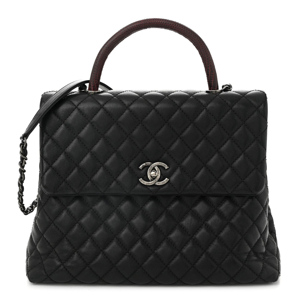 Caviar Lizard Quilted Large Coco Handle Flap Grey