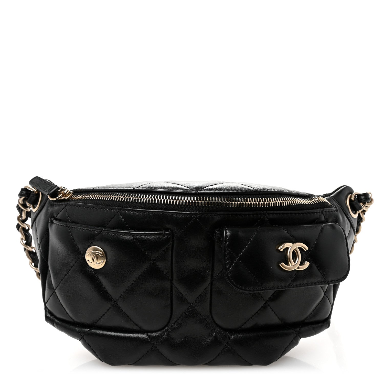 Shiny Aged Calfskin Quilted CC Pockets Jacket Waist Belt Bag Black