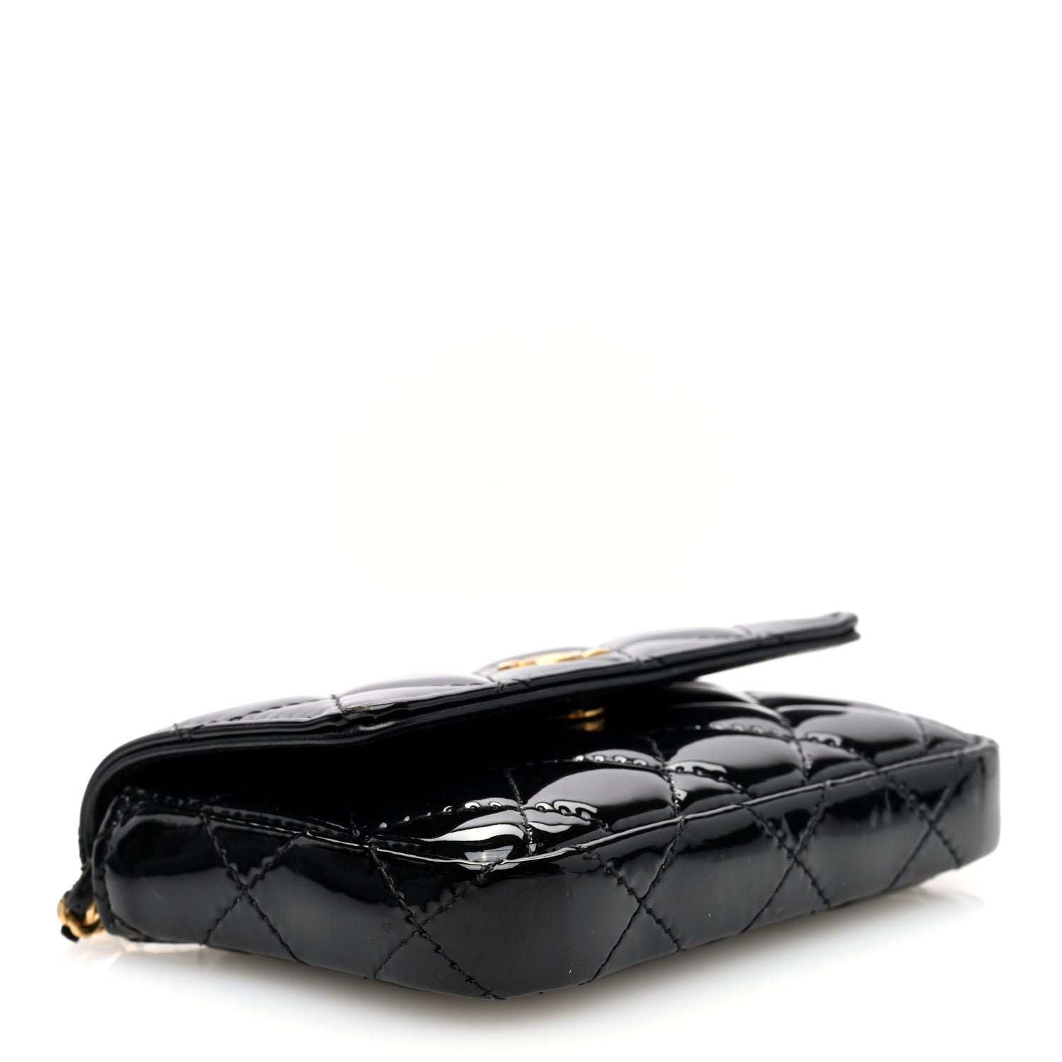 Patent Enamel Quilted Coco Hearts Clutch With Chain Black
