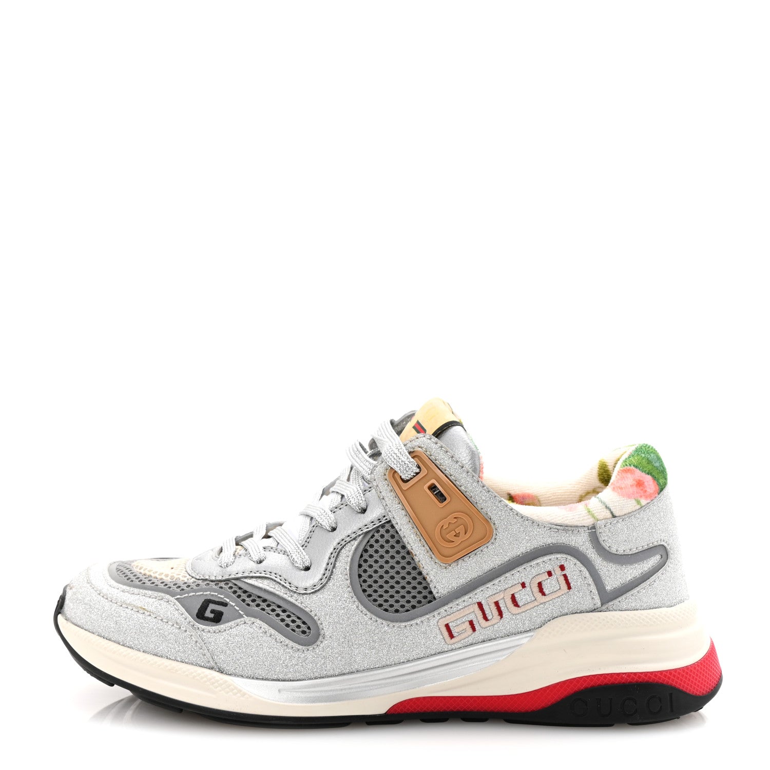Metallic Calfskin Glitter Mesh Womens Ultrapace Sneakers 38 Silver Light Grey Mystic White