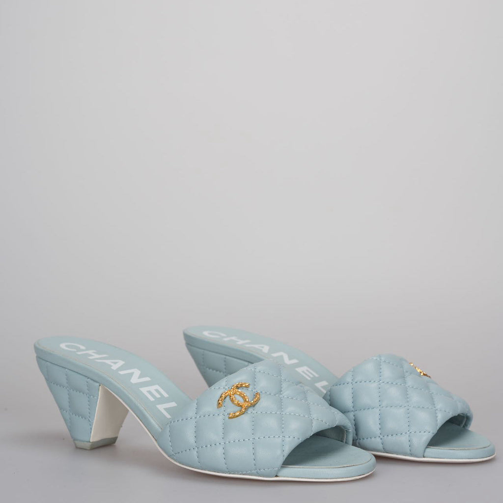 CHANEL Tiffany Blue Lambskin Quilted Textured CC Mules 38.5