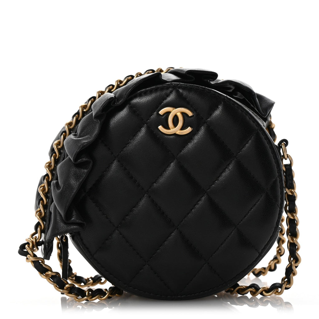 Lambskin Quilted Romance Round Clutch With Chain Black