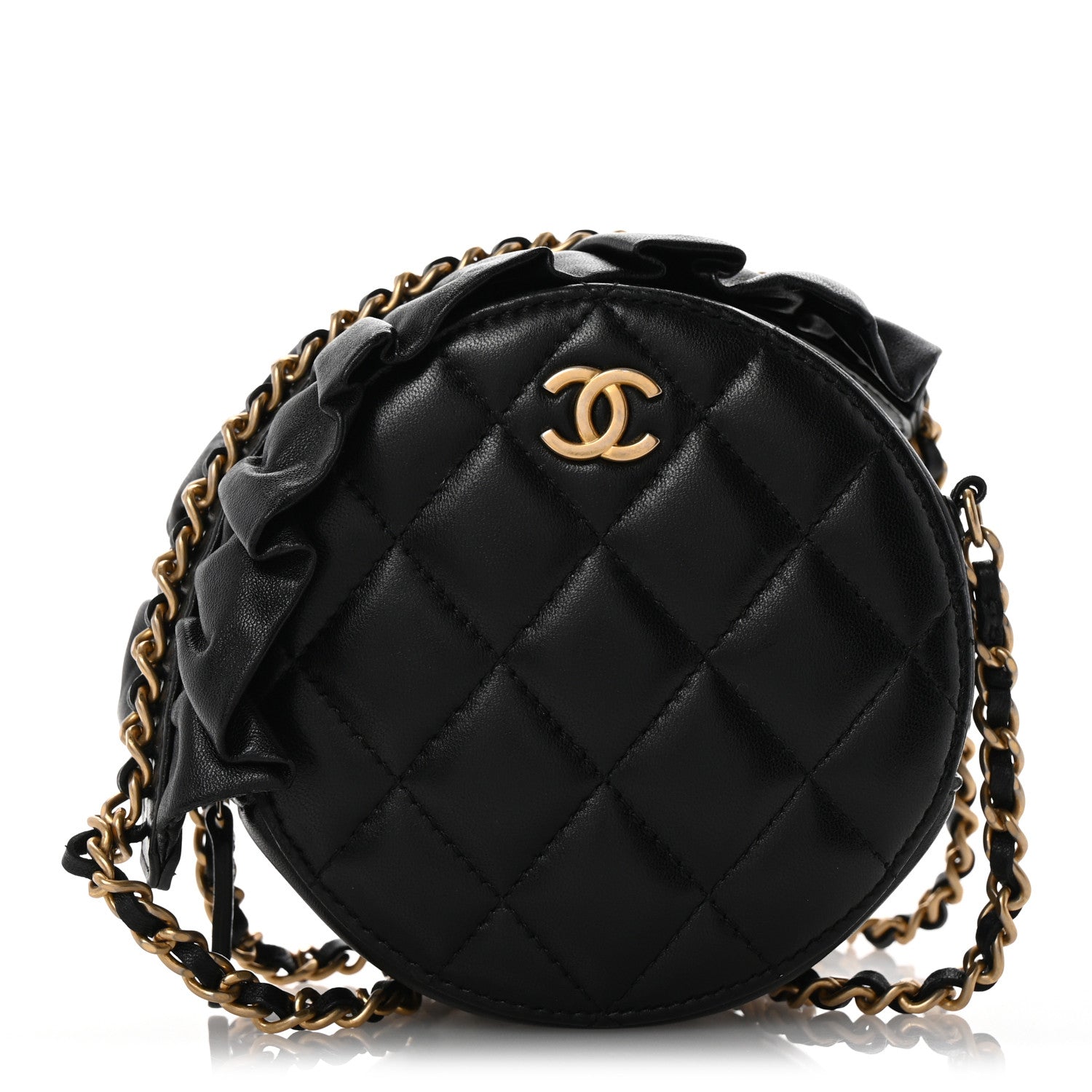 Lambskin Quilted Romance Round Clutch With Chain Black