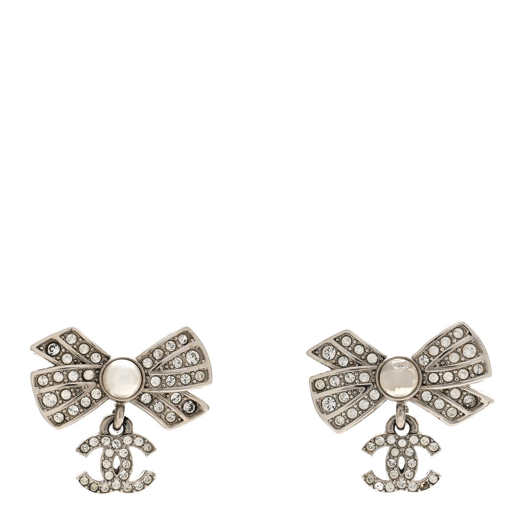 Crystal Pearl Bow CC Drop Earrings Silver