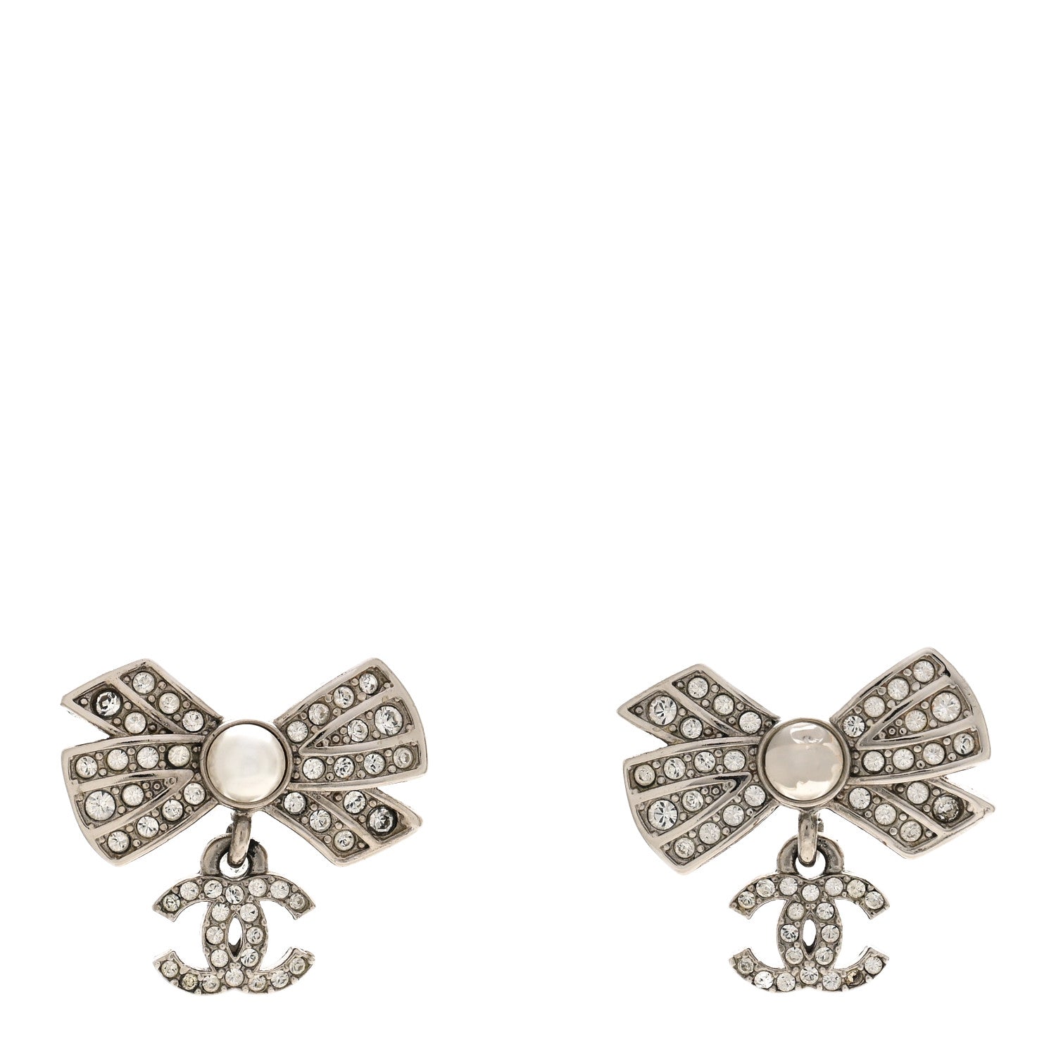 Crystal Pearl Bow CC Drop Earrings Silver