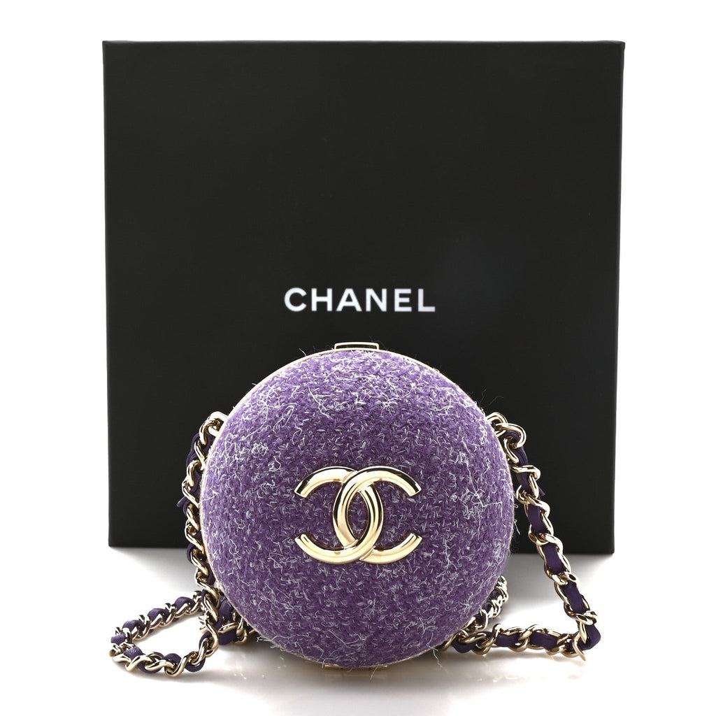 Tweed Minaudiere Round Chain Clutch Purple