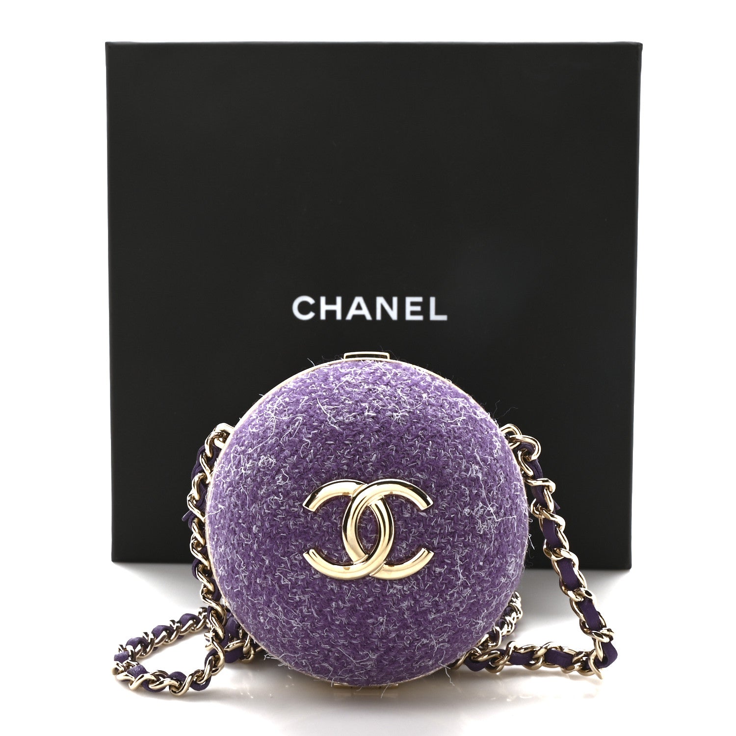 Tweed Minaudiere Round Chain Clutch Purple