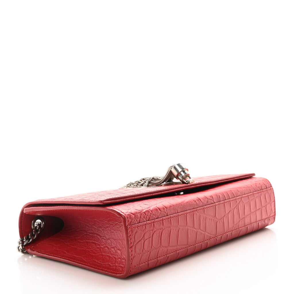 Calfskin Crocodile Embossed Medium Classic Monogram Kate Tassel Satchel New Red