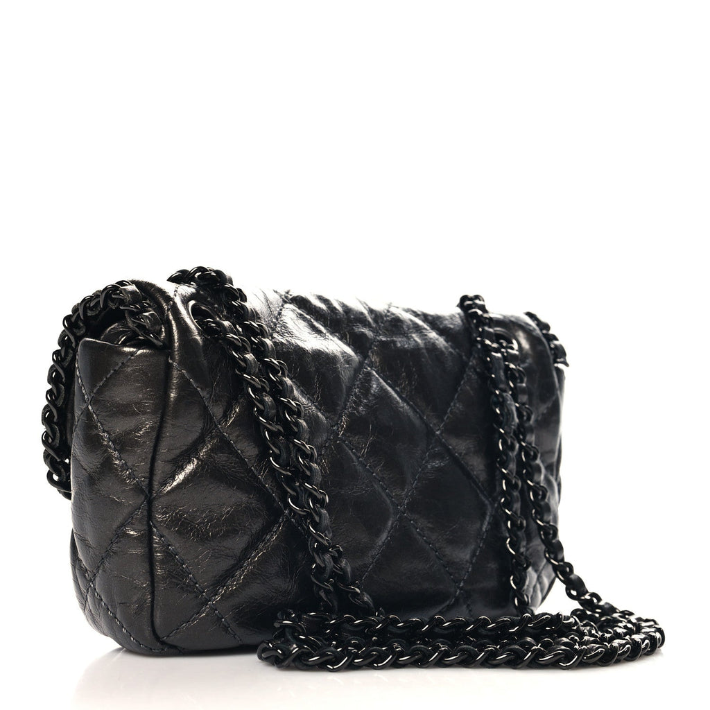Metallic Aged Calfskin Mini Chain Me Flap Dark Grey