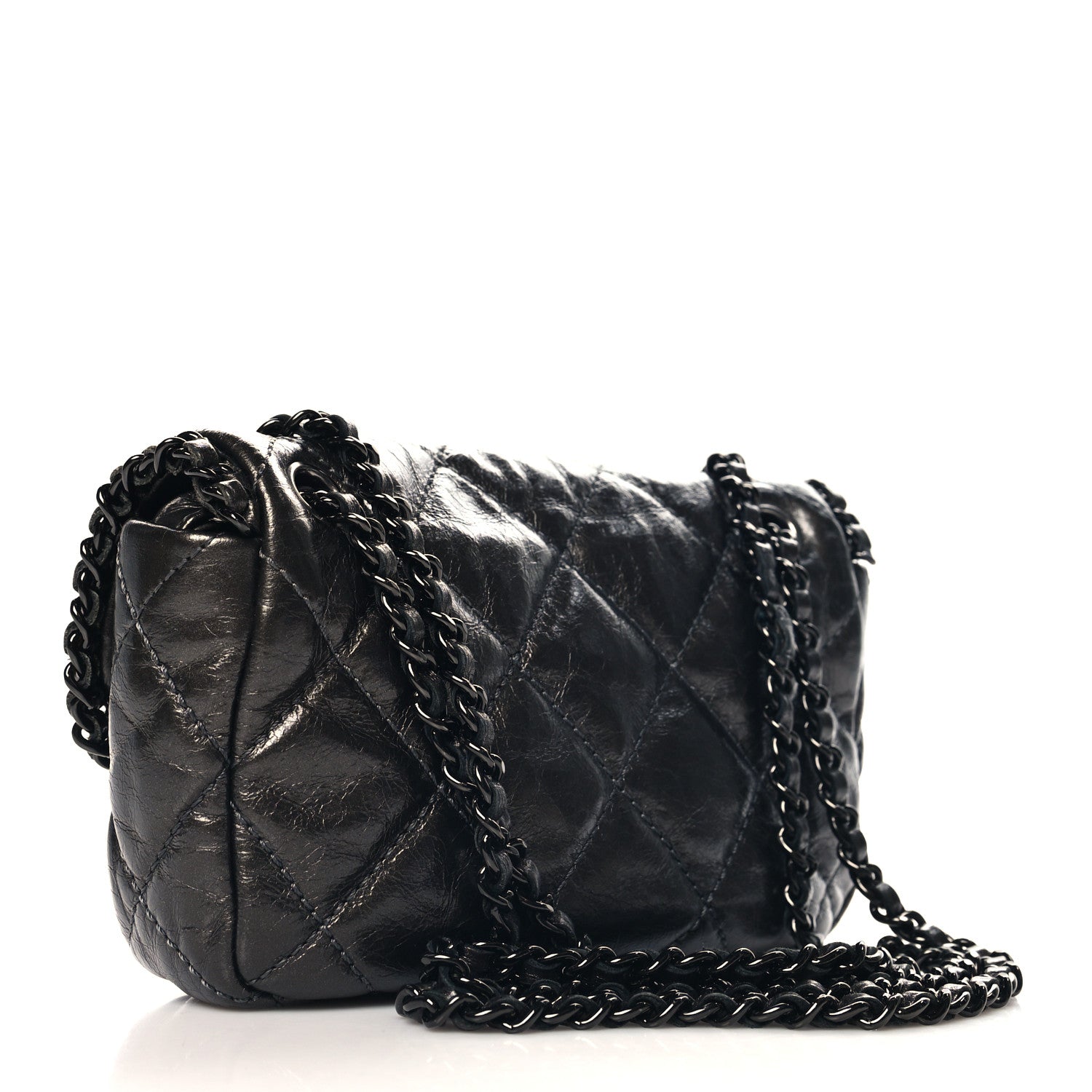 Metallic Aged Calfskin Mini Chain Me Flap Dark Grey