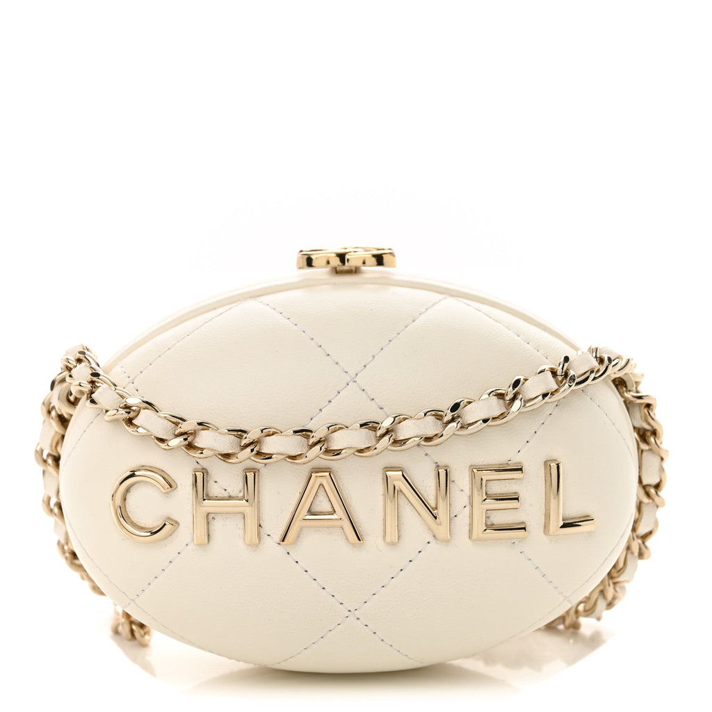 Lambskin Quilted Oval Minaudiere Chain Clutch White
