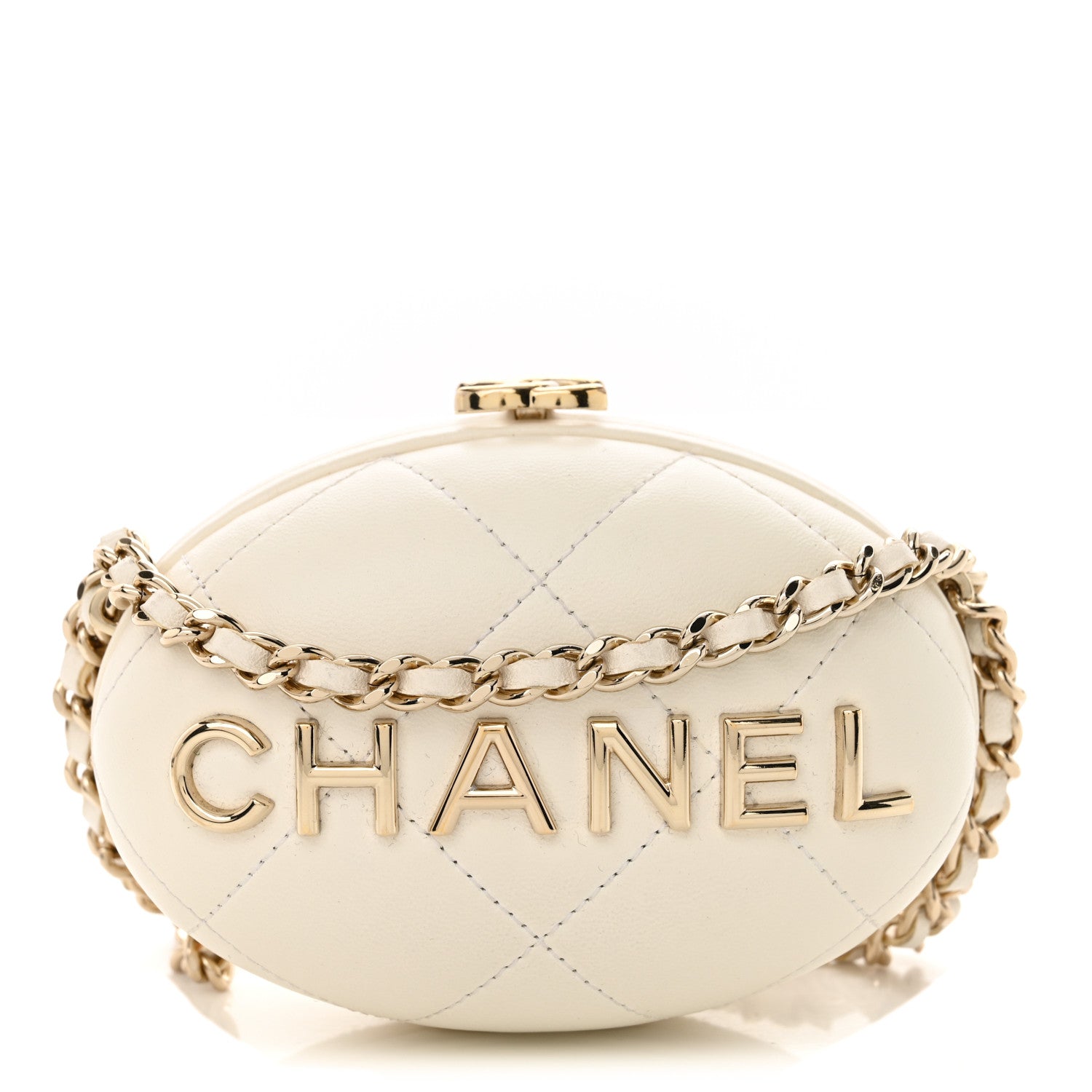 Lambskin Quilted Oval Minaudiere Chain Clutch White