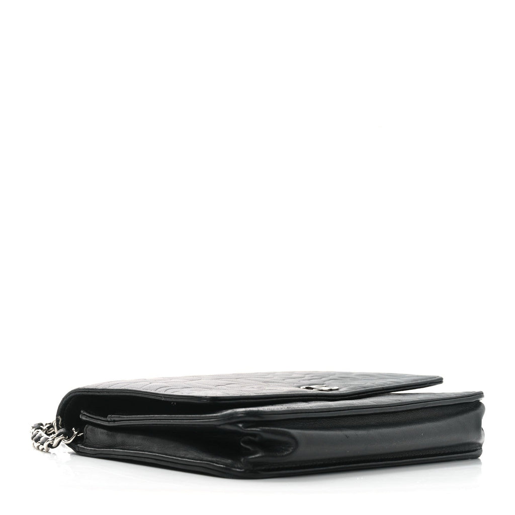 Lambskin Camellia Embossed Wallet on Chain WOC Black