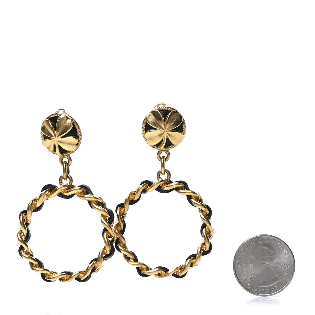 Metal Lambskin Clover Clip On Hoop Earrings Gold Black