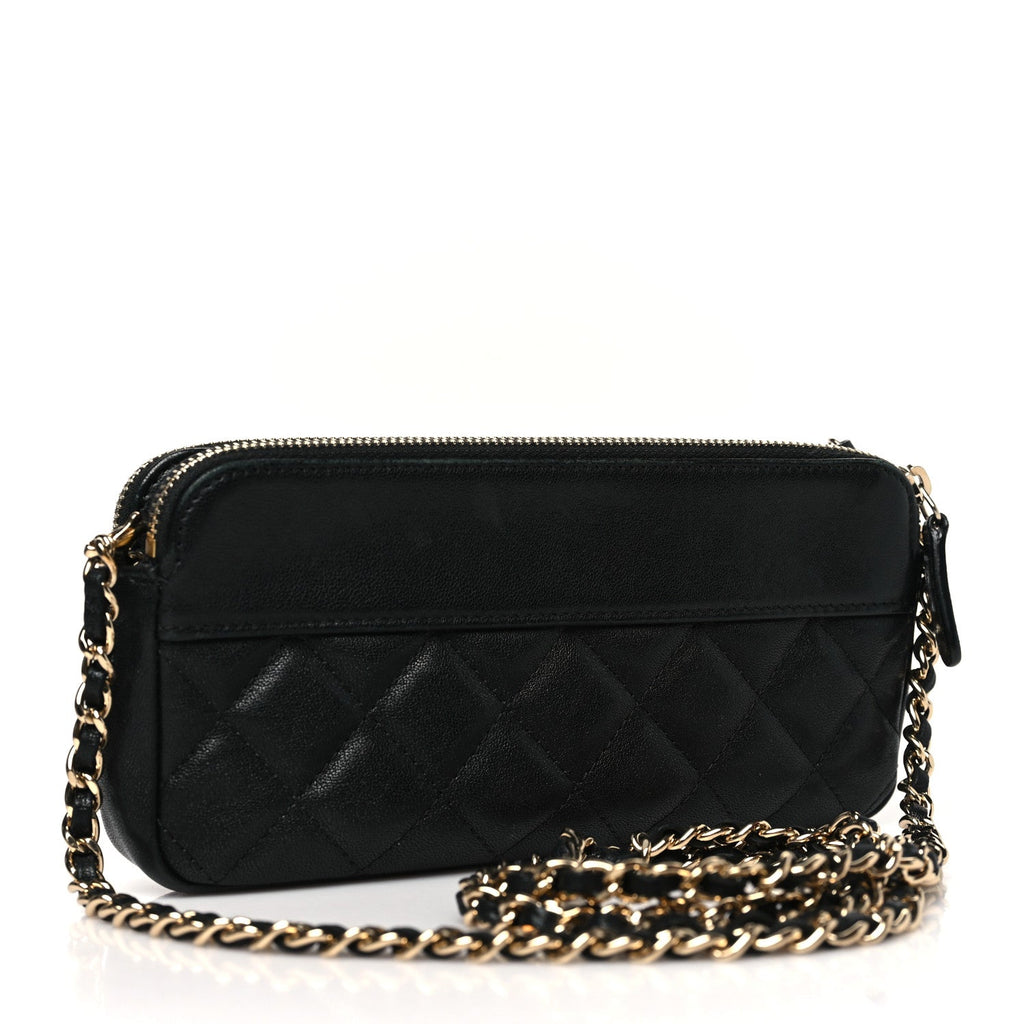 Metallic Sheepskin Chevron Quilted Small Vintage Mademoiselle Clutch With Chain Black