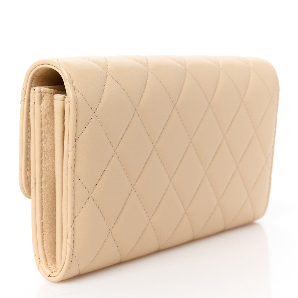Lambskin Quilted CC Large Gusset Flap Wallet Beige