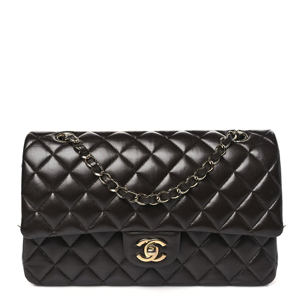 Lambskin Quilted Medium Double Flap Dark Brown