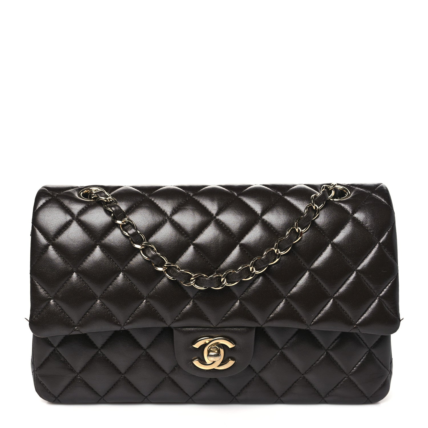 Lambskin Quilted Medium Double Flap Dark Brown