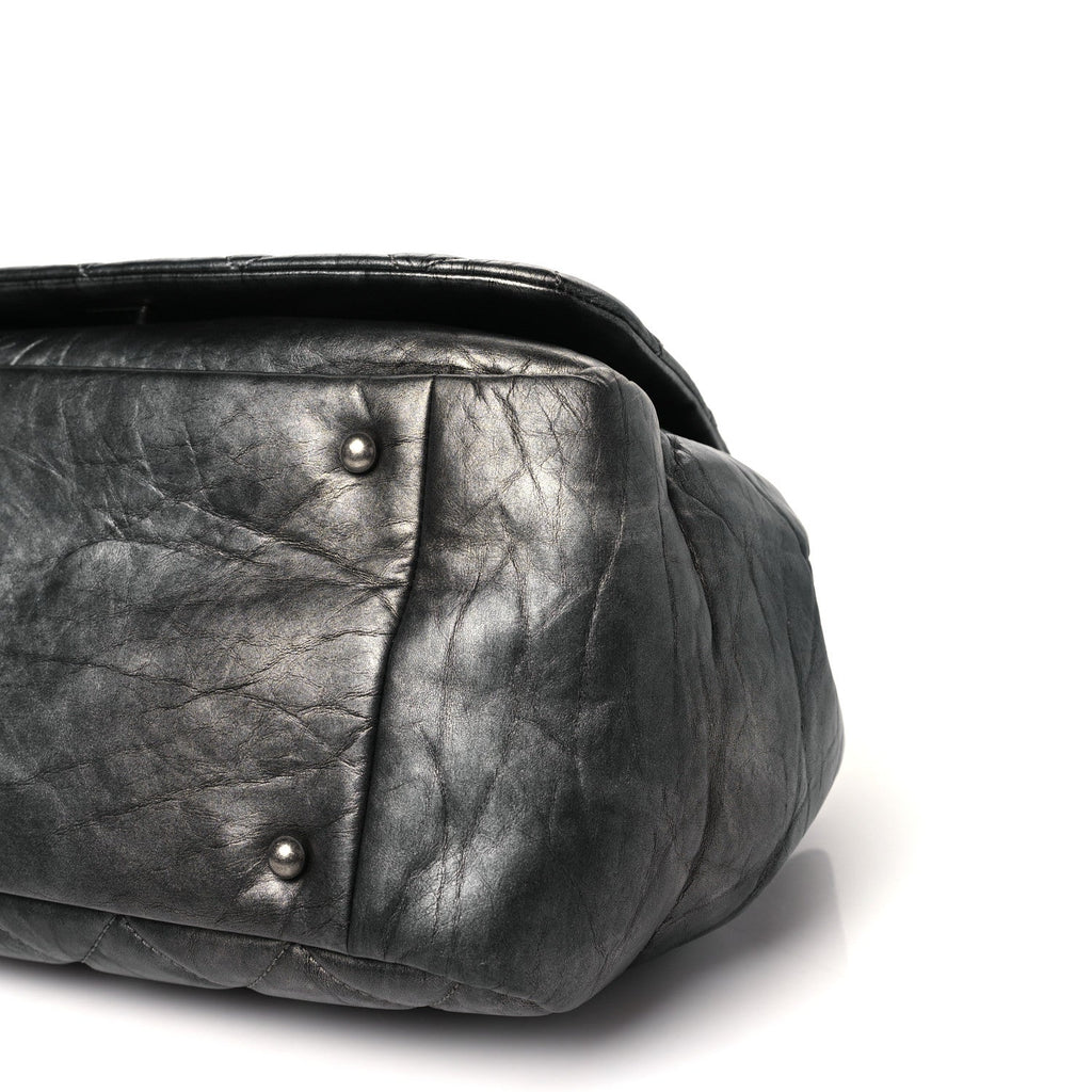 Metallic Aged Calfskin Quilted Large Pondichery Flap Dark Grey
