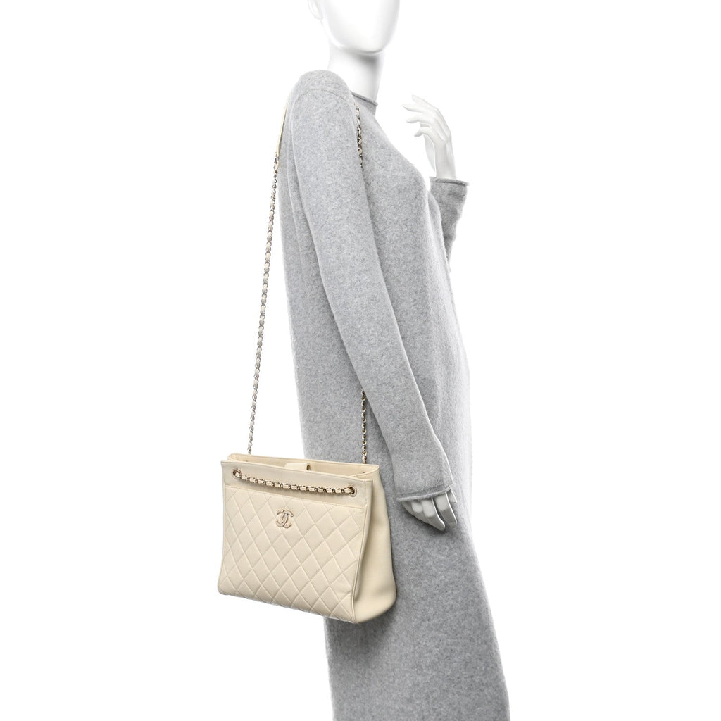 Caviar Quilted In Out Flap Shopping Tote White