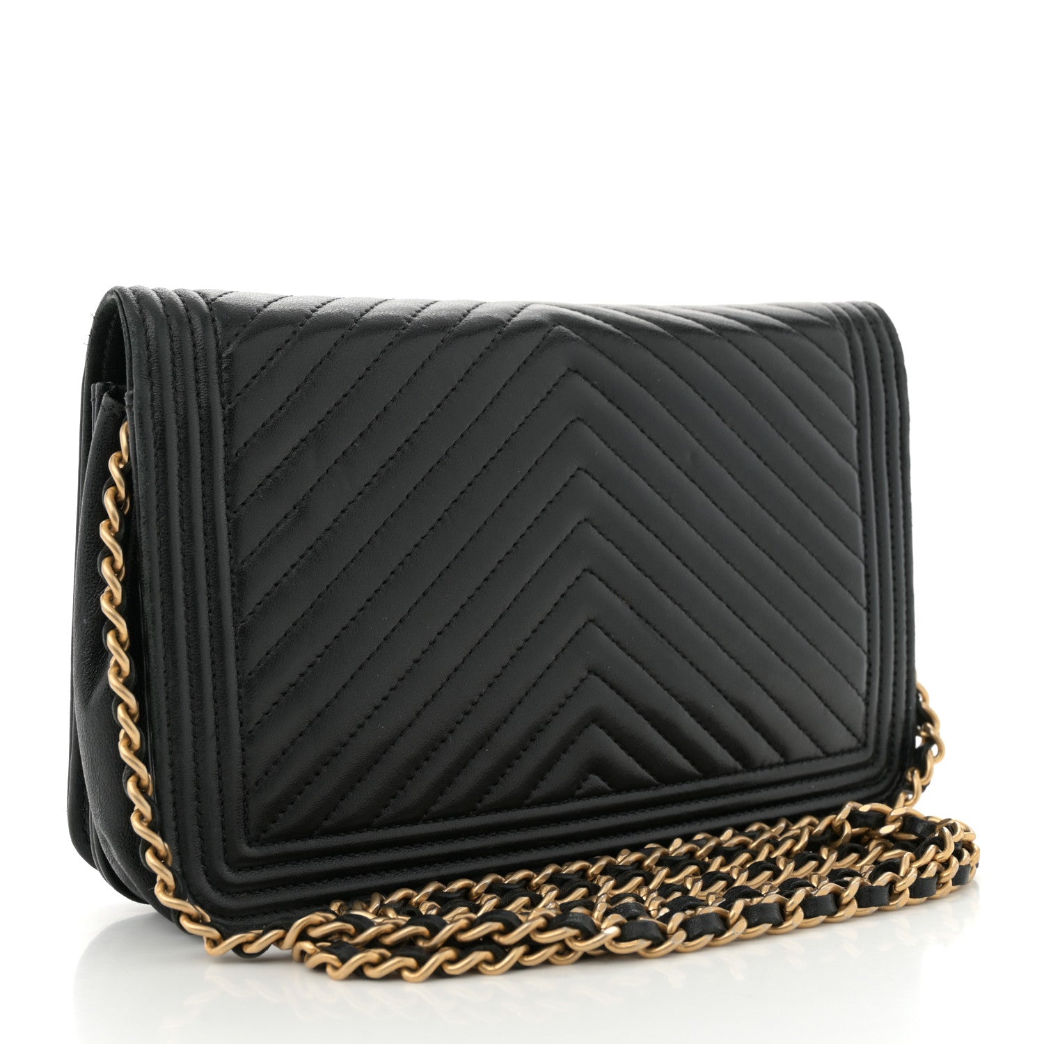Caviar Chevron Quilted Boy Wallet On Chain WOC Black