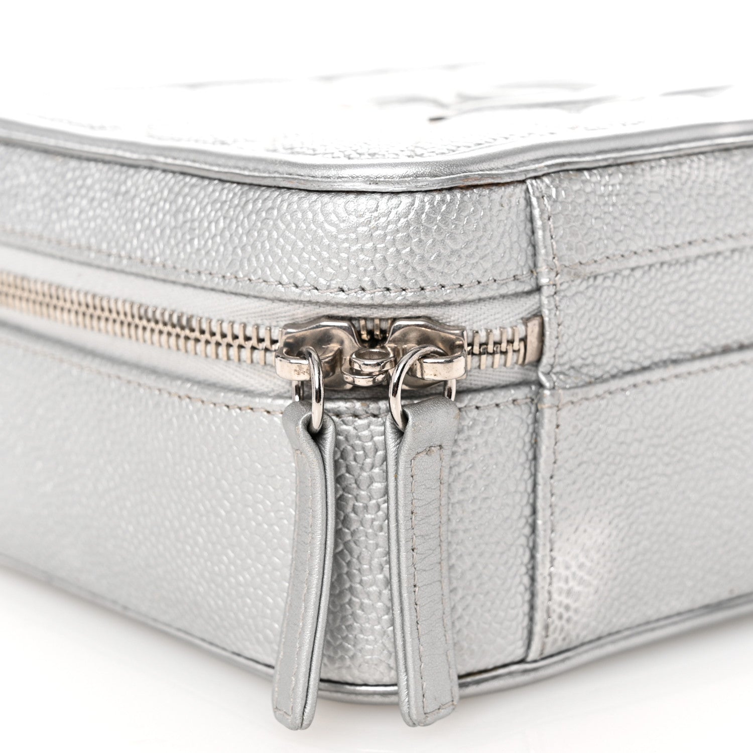 Metallic Caviar Quilted Medium CC Filigree Vanity Case Silver